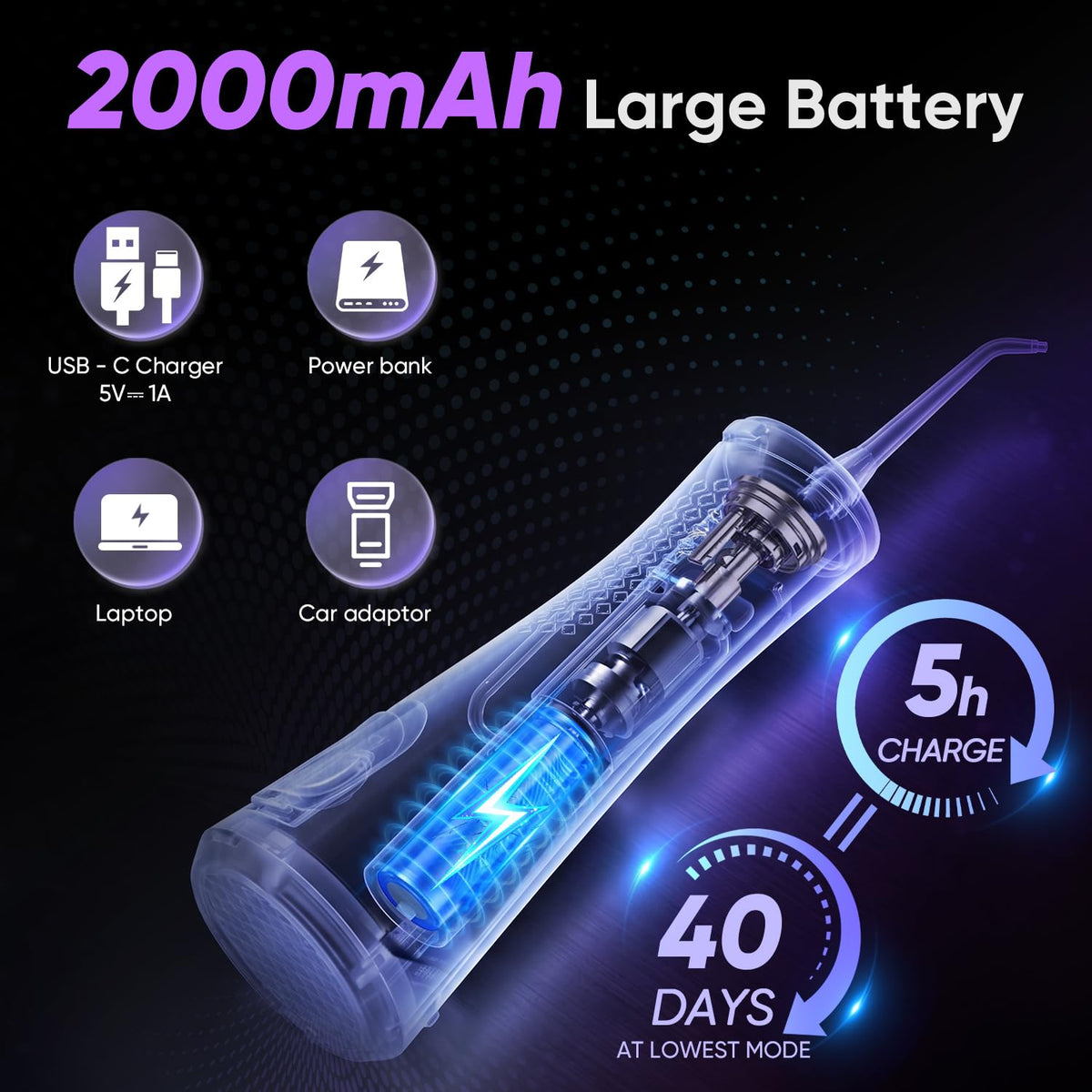 MySmile LP211 Water Flosser Cordless with 8 Tips, 260ML Tank – full view