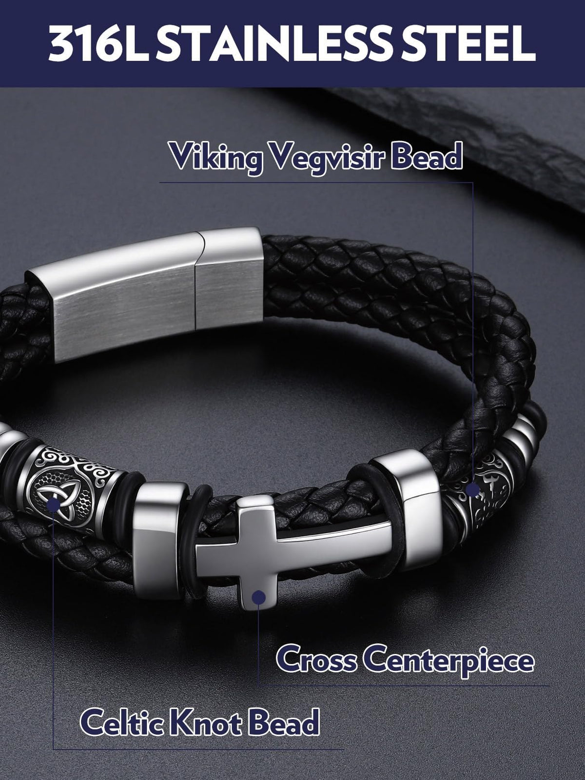 Bandmax Premium Timeless Men's Cross Braided Cord Cuff Bracelet, 7"/8"/9" – close-up detail in Celtic Bead-S