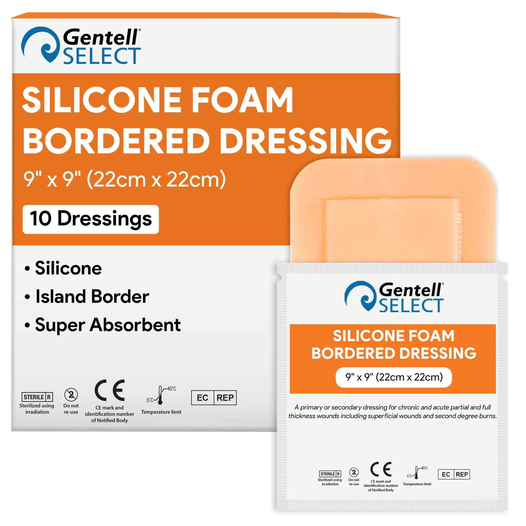 Silicone Foam Dressings 9"x9" - 10 Bordered Silicone Bandages - Product Imagery
