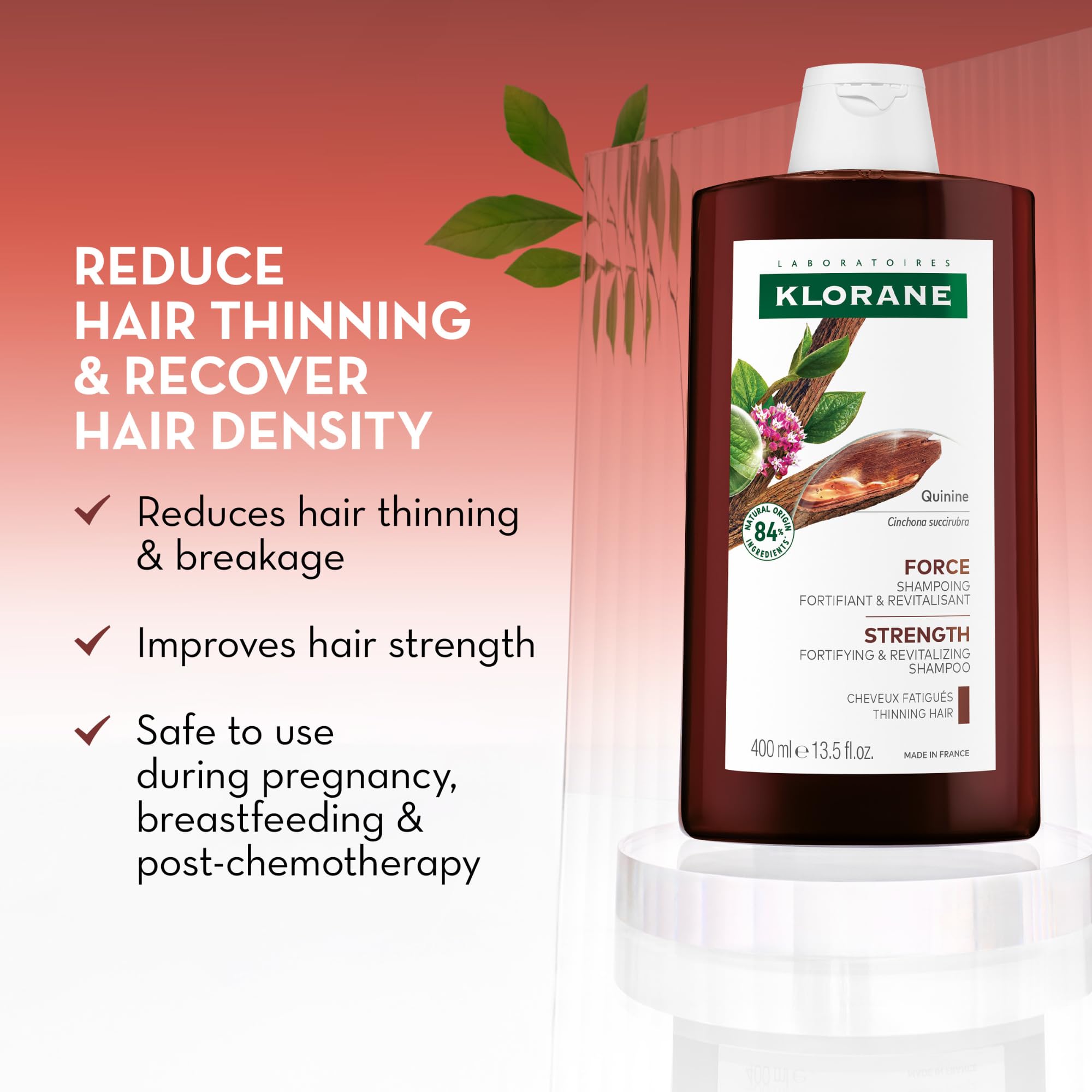 Klorane Quinine Thickening Shampoo for hair loss, 13.5 oz, with natural ingredients and volumizing formula for fuller hair.