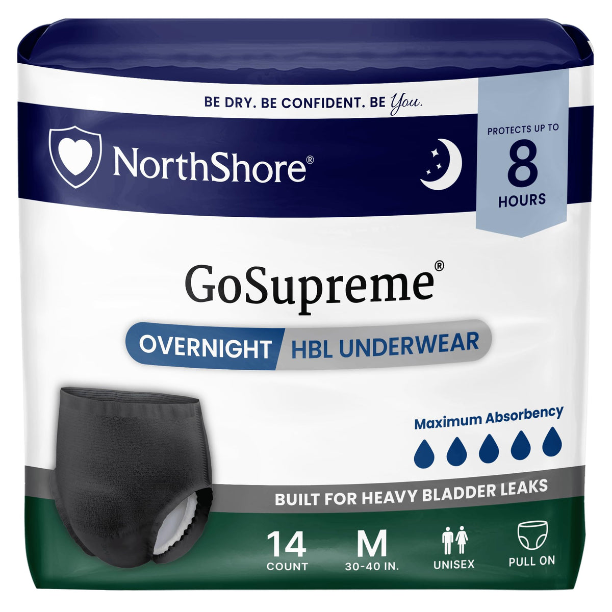 NorthShore GoSupreme 8-Hour Overnight Underwear, Black, Medium, 14 Count – Black, Plastic, Medium (14 Count)