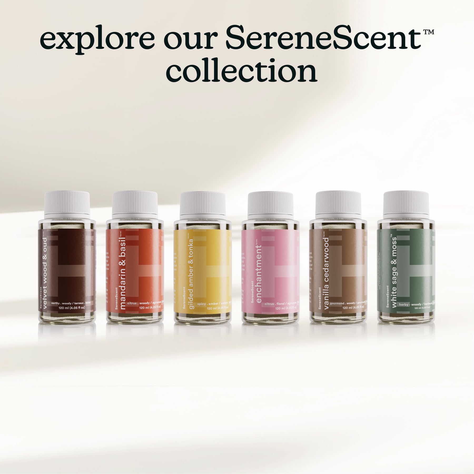 Homedics SereneScent diffuser oil refill in Velvet Wood & Oud scent, 120ml bottle of essential oil for aromatherapy.