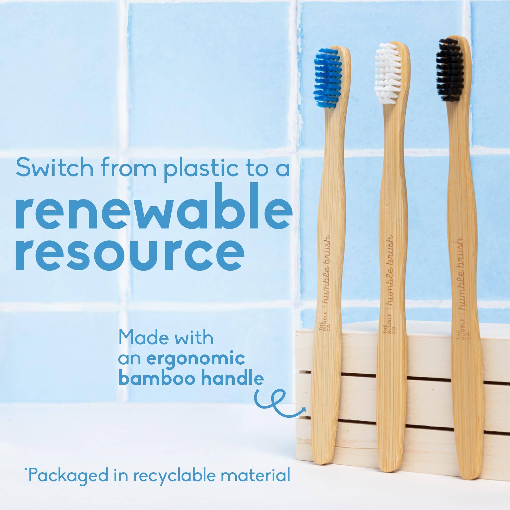Set of five soft bamboo toothbrushes by The Humble Co., BPA-free and eco-friendly, with natural bamboo handles and soft bristles.