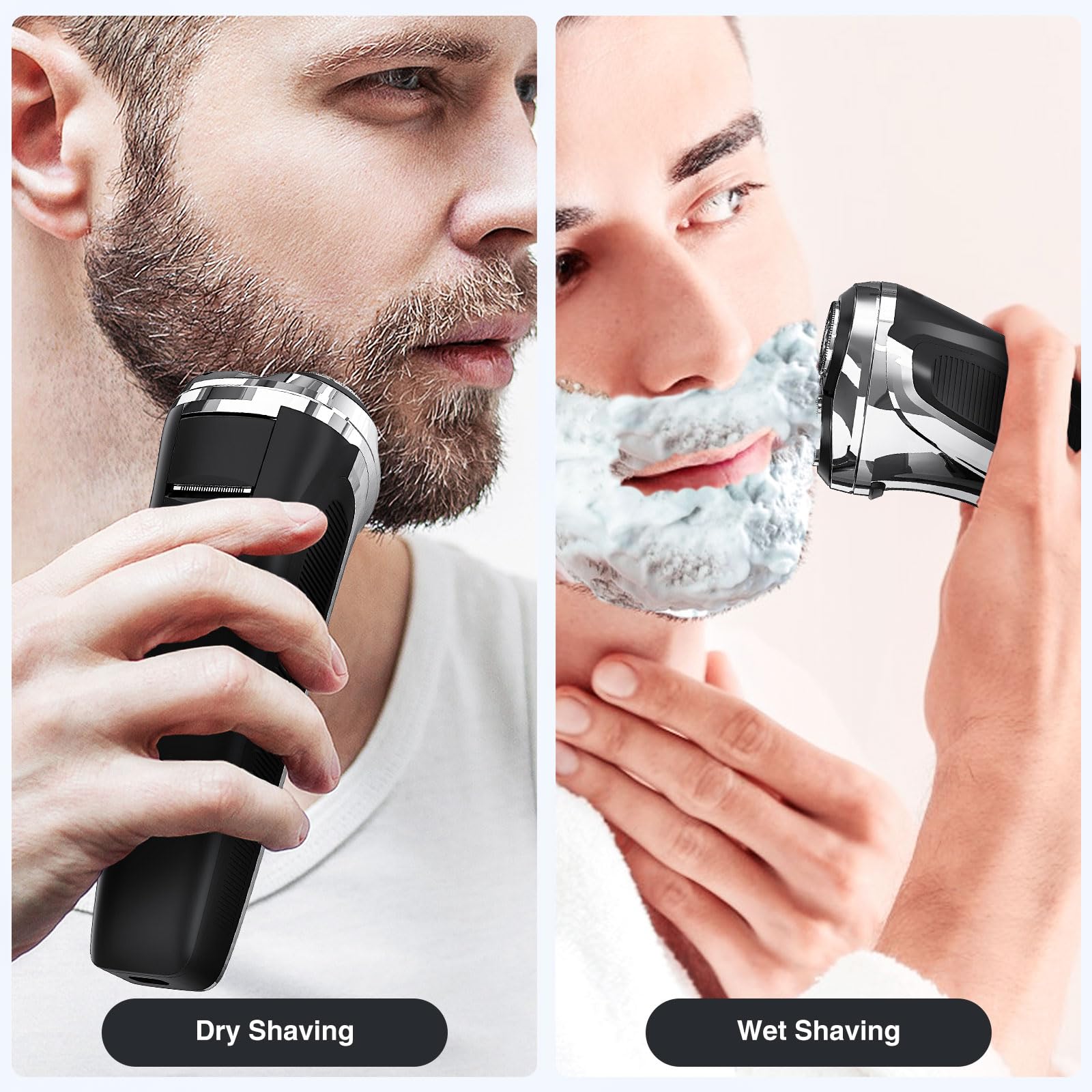 YIRISO electric shaver for men with rotary blades, 9000 RPM smooth shaving, black and silver design, close-up of shaver head