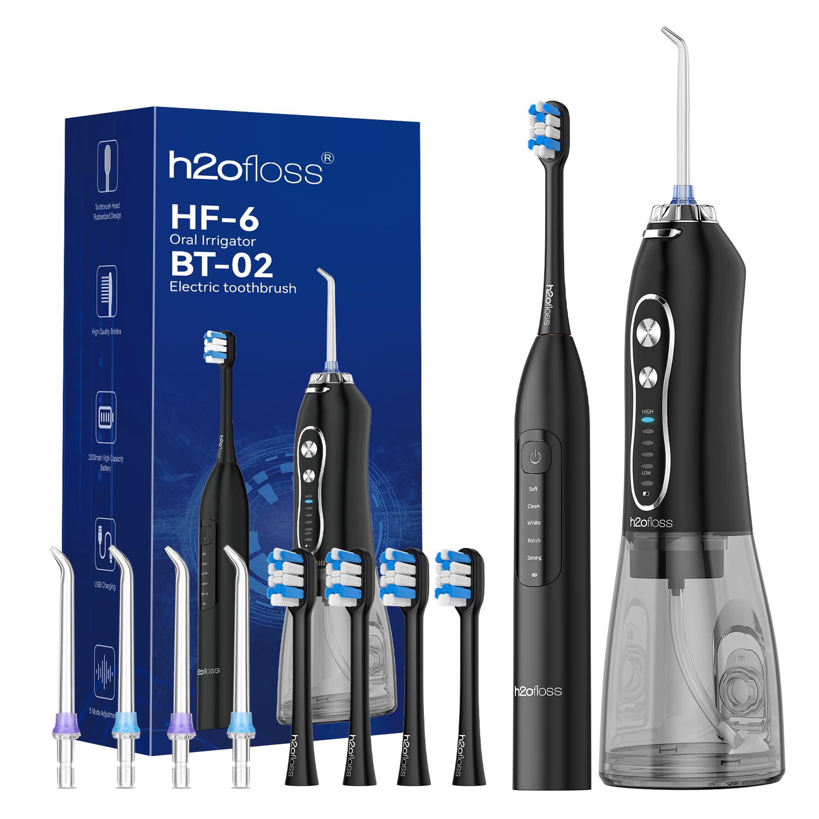 H2ofloss 2-in-1 water flosser and electric toothbrush combo, oral irrigator and toothbrush in a compact design.