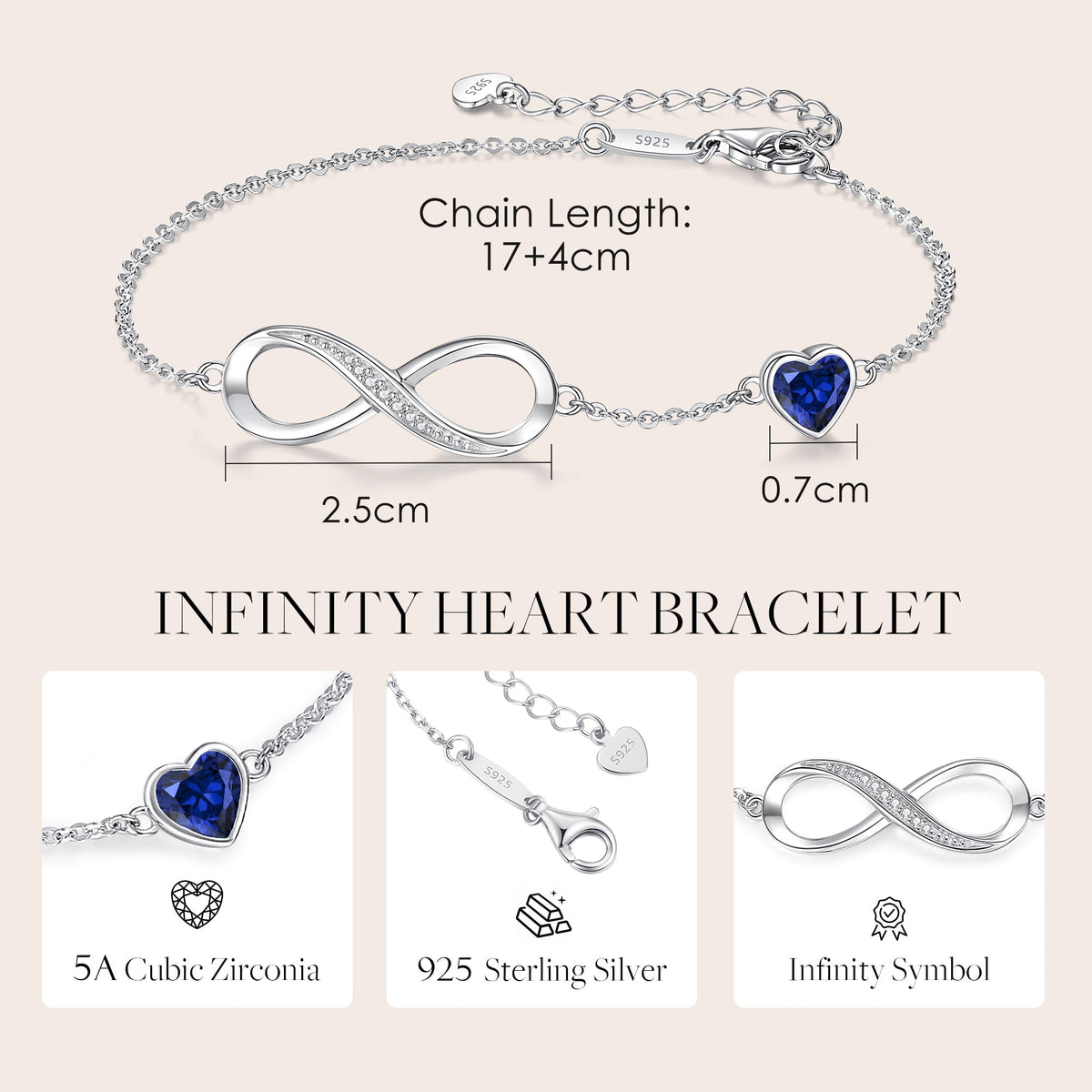 CDE 925 Sterling Silver Infinity Birthstone Bracelet Jewelry Gift for Women – back view and specifications