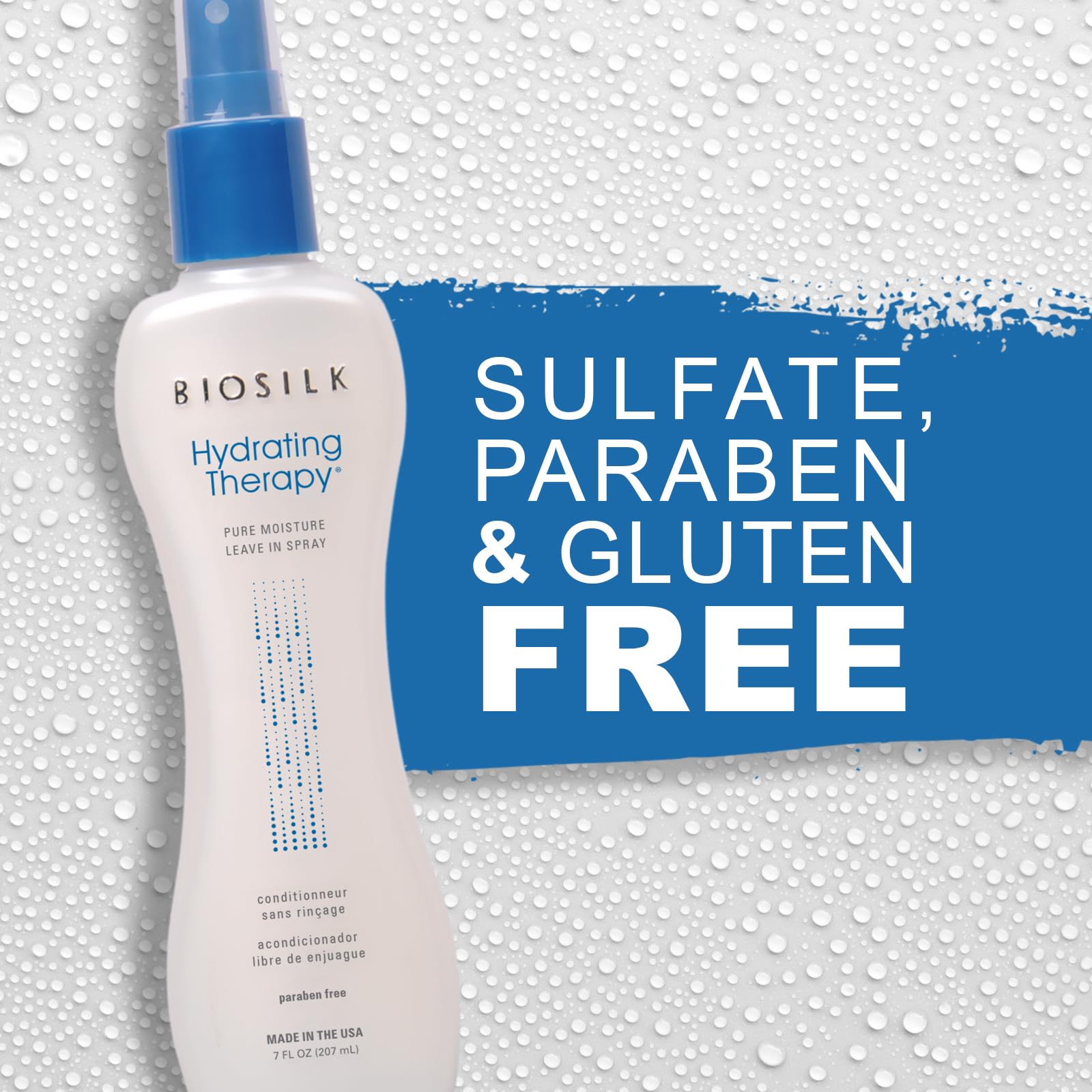BioSilk Pure Moisture Leave-In Hair Spray 7 oz bottle with sleek packaging, designed to hydrate and protect hair.