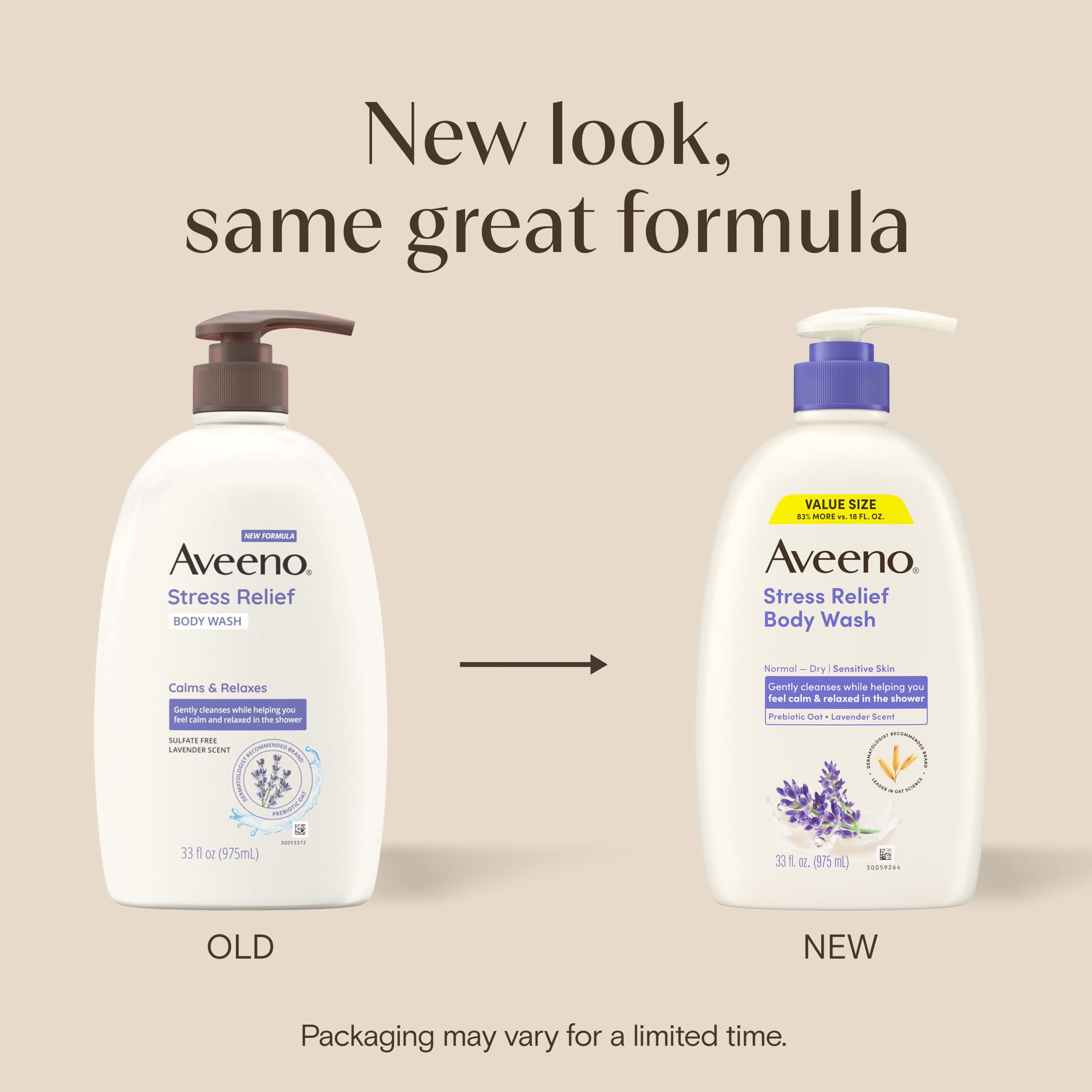 Aveeno Stress Relief Body Wash with lavender scent and nourishing prebiotic oat for sensitive, normal to dry skin, 33 oz.