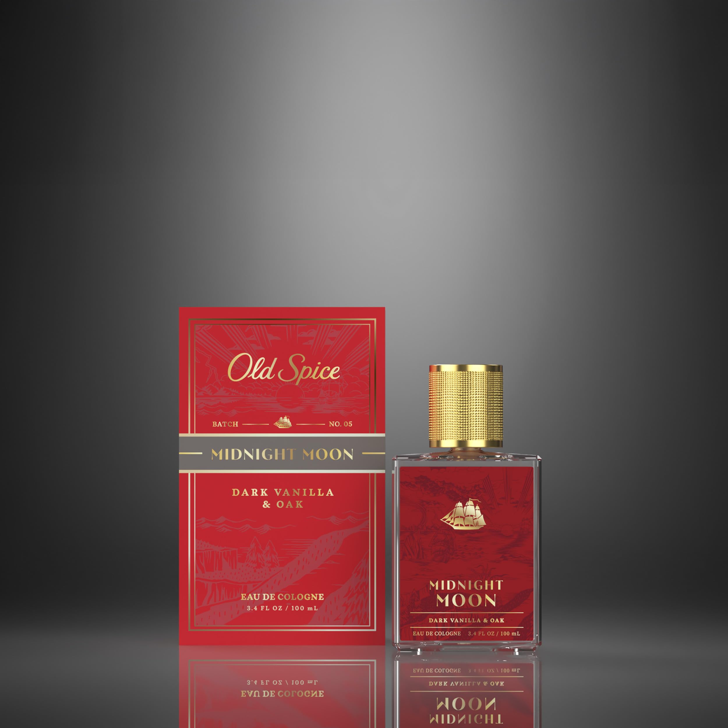 Old Spice Midnight Moon cologne for men in 3.4 fl oz bottle, showing the dark, sleek design of the personal fragrance.