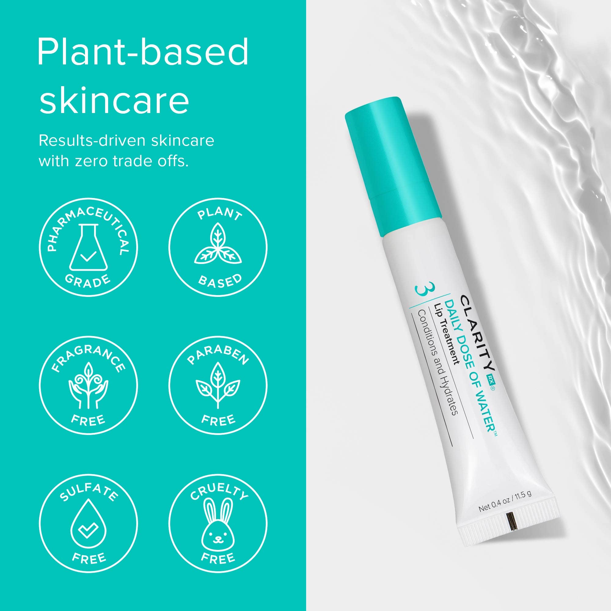 ClarityRx Daily Dose of Water Lip Treatment balm in 0.4 oz tube, moisturizing lip care product with clear packaging.