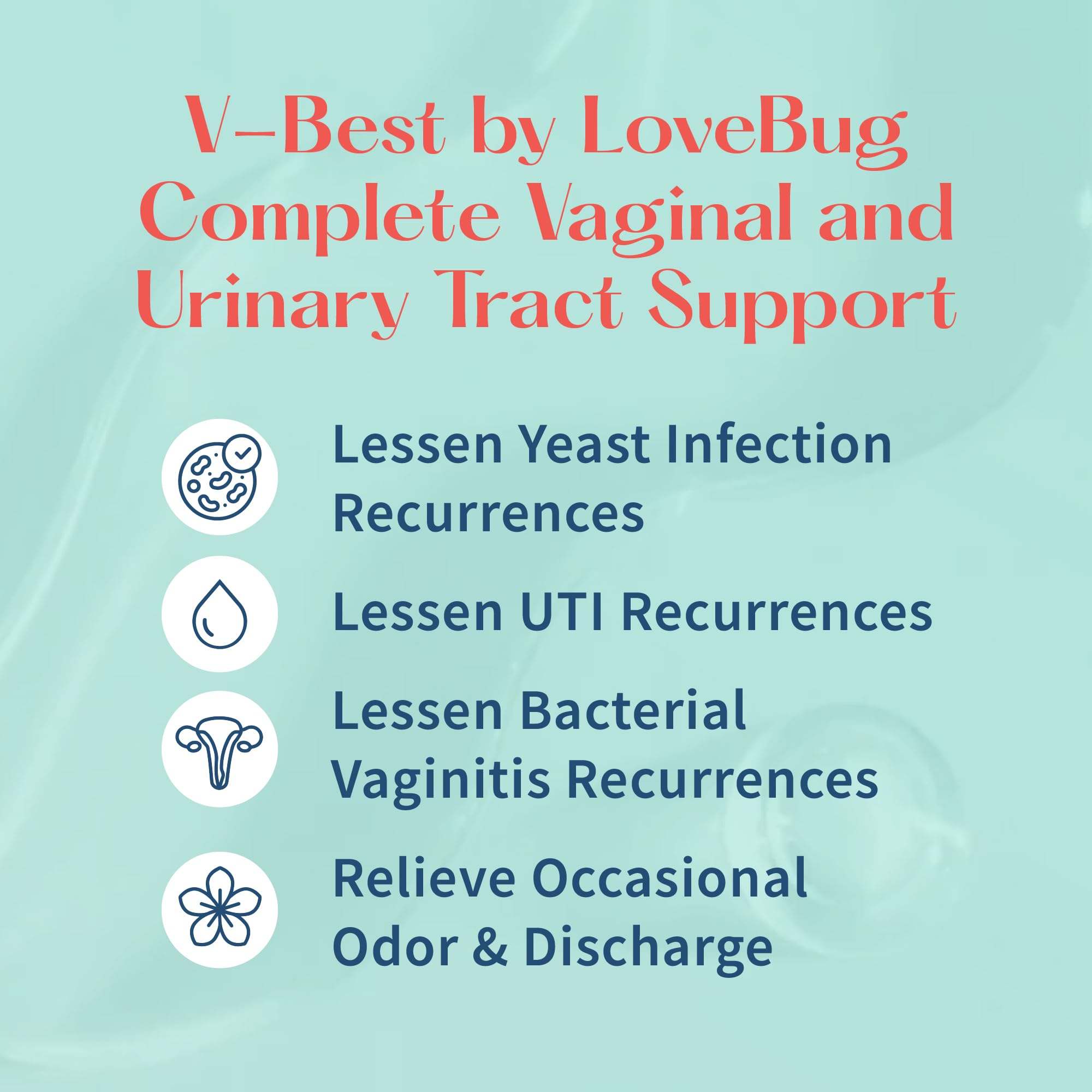 LoveBug Women's Health Lovebug V-Best Vaginal Probiotics bottle with 90 capsules, dietary supplement for women's gut health.