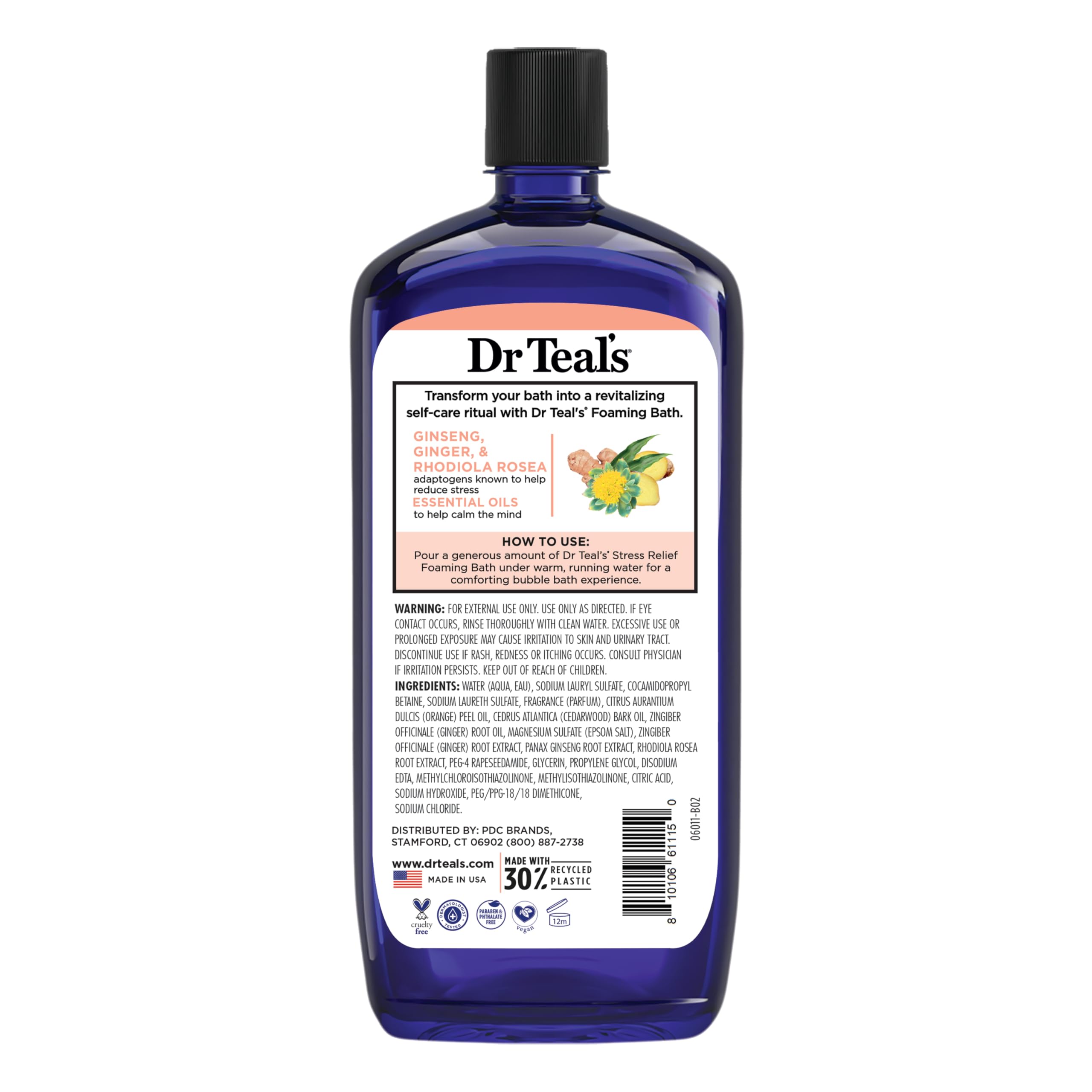 Dr Teal's foaming bath with pure Epsom salt, ginseng and ginger for stress relief, 34 fl oz, pack of 4, bathwater additive