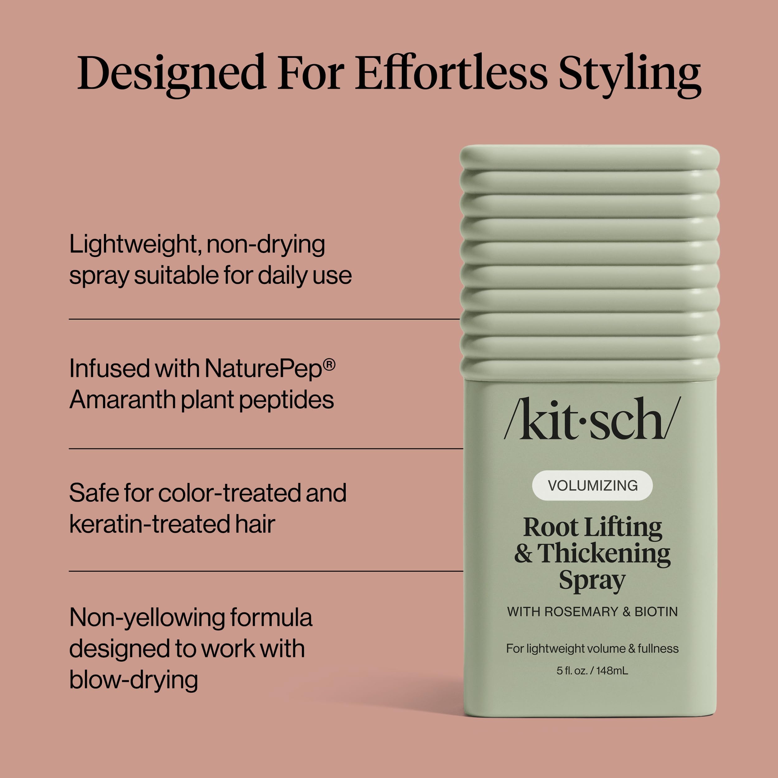 Kitsch Root Lifting & Thickening Spray 5oz, hair styling agent in a spray bottle, designed to add volume and fullness to hair.
