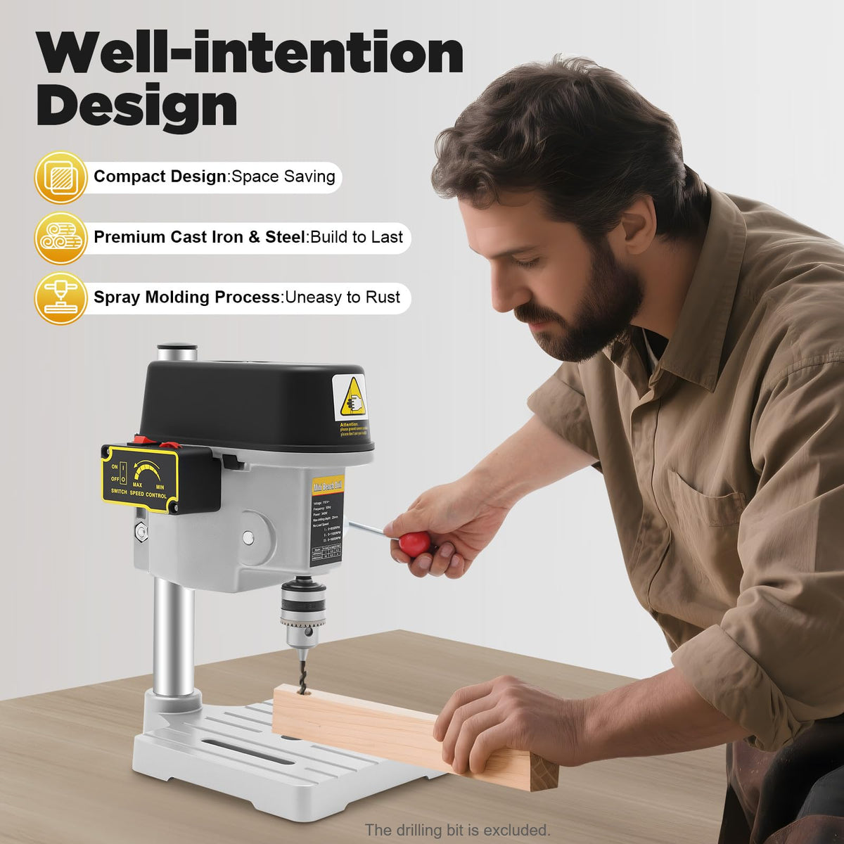 ZAWAYINE Mini Benchtop Drill Press,Electric Bench Wood Drilling Machine Drill Press Table Adjustable 3 Speed for Wood, M