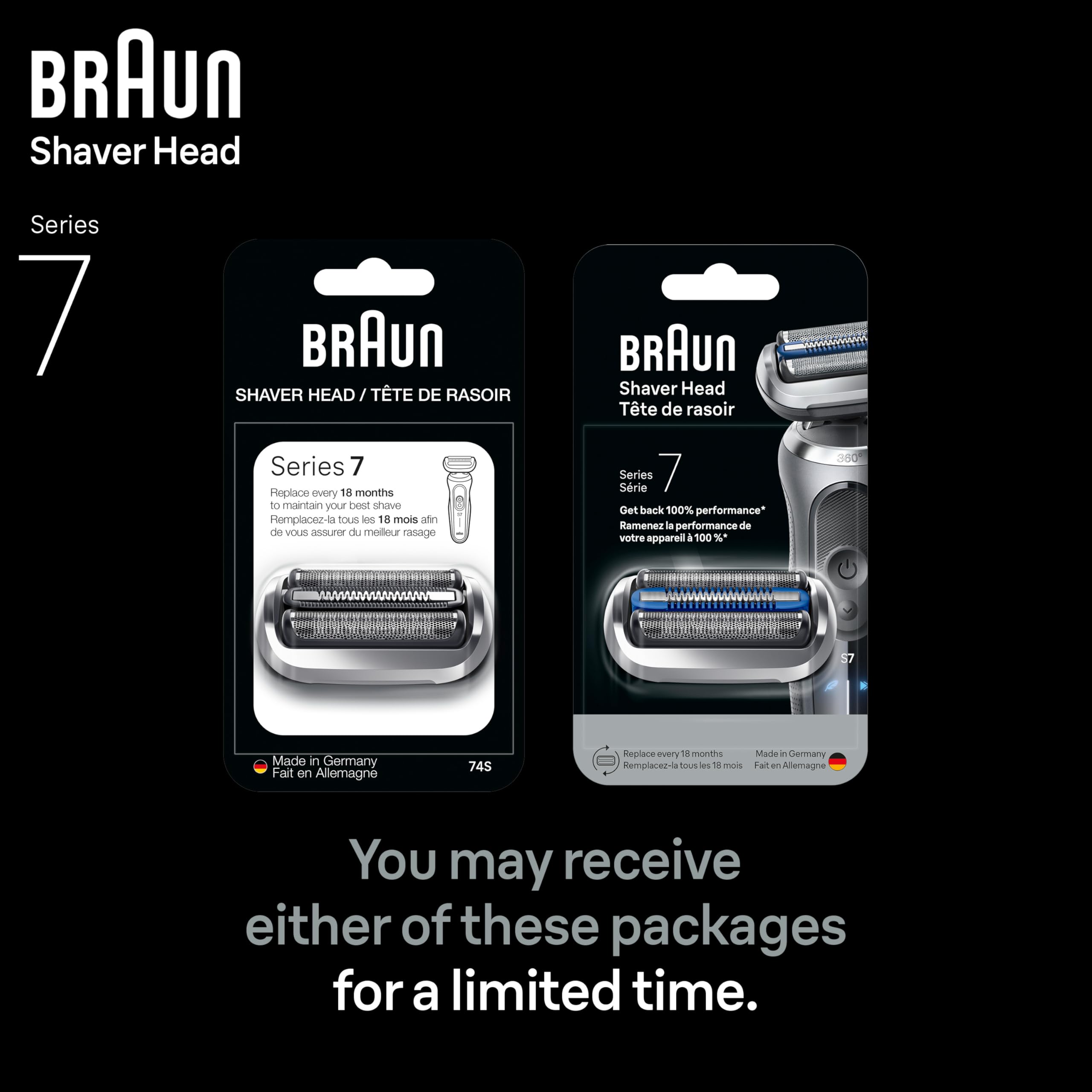 Braun Series 7 Electric Shaver Replacement Head, Easily Attach Your Shaver Head for a Shave as efficient as Day one, Compatible with New Generation Series 7 Shavers, 74S, Silver
