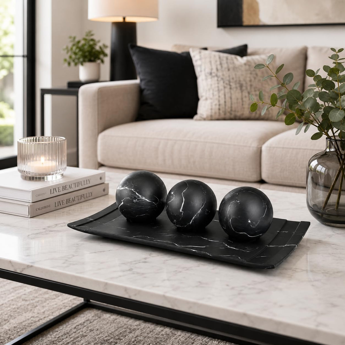 Creative Scents Black Marble Look Home Decor Bowl and Orb Set - Coffee Table Decor for Living Room - Centerpiece Table D