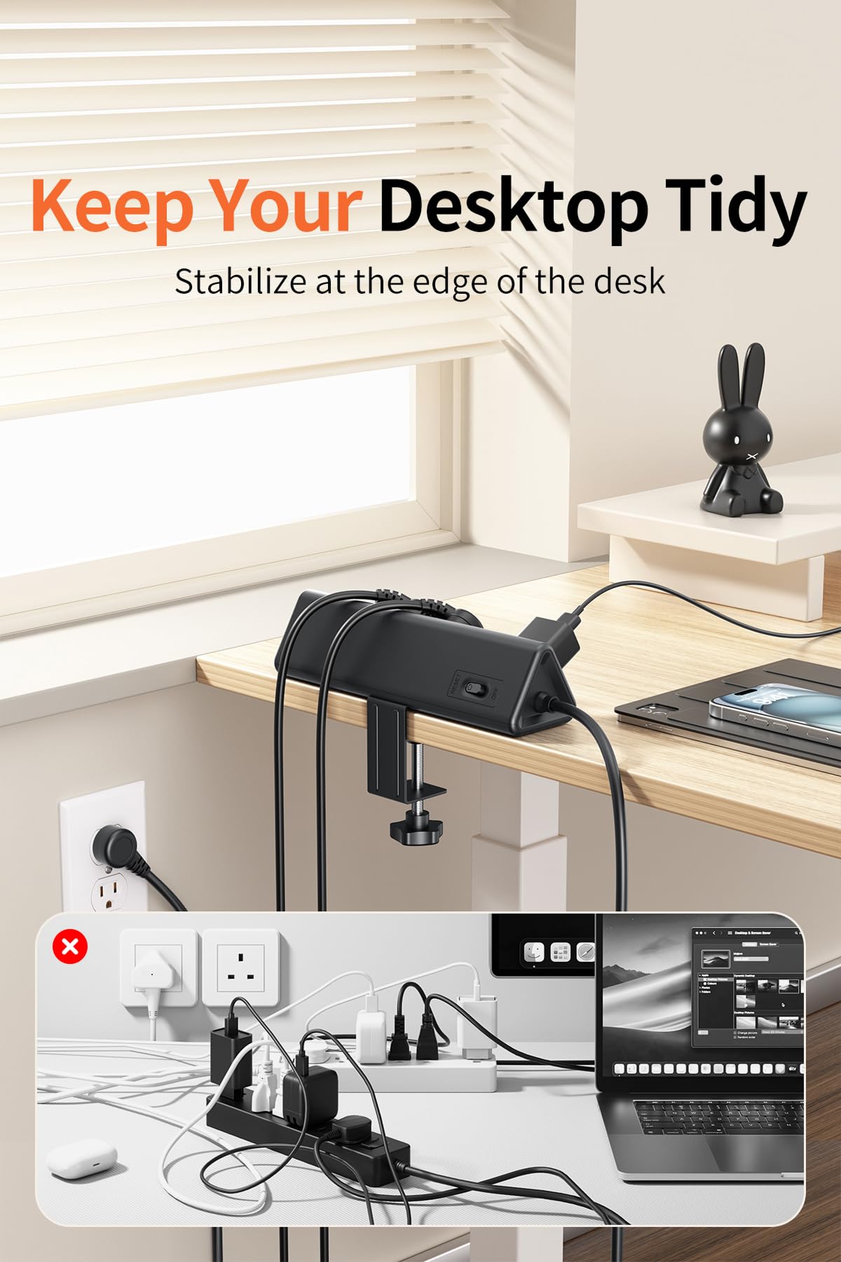 AnnTane Desk Clamp Power Strip USBC, 40W Fast Charging, 10 Ft, Black – back view and specifications