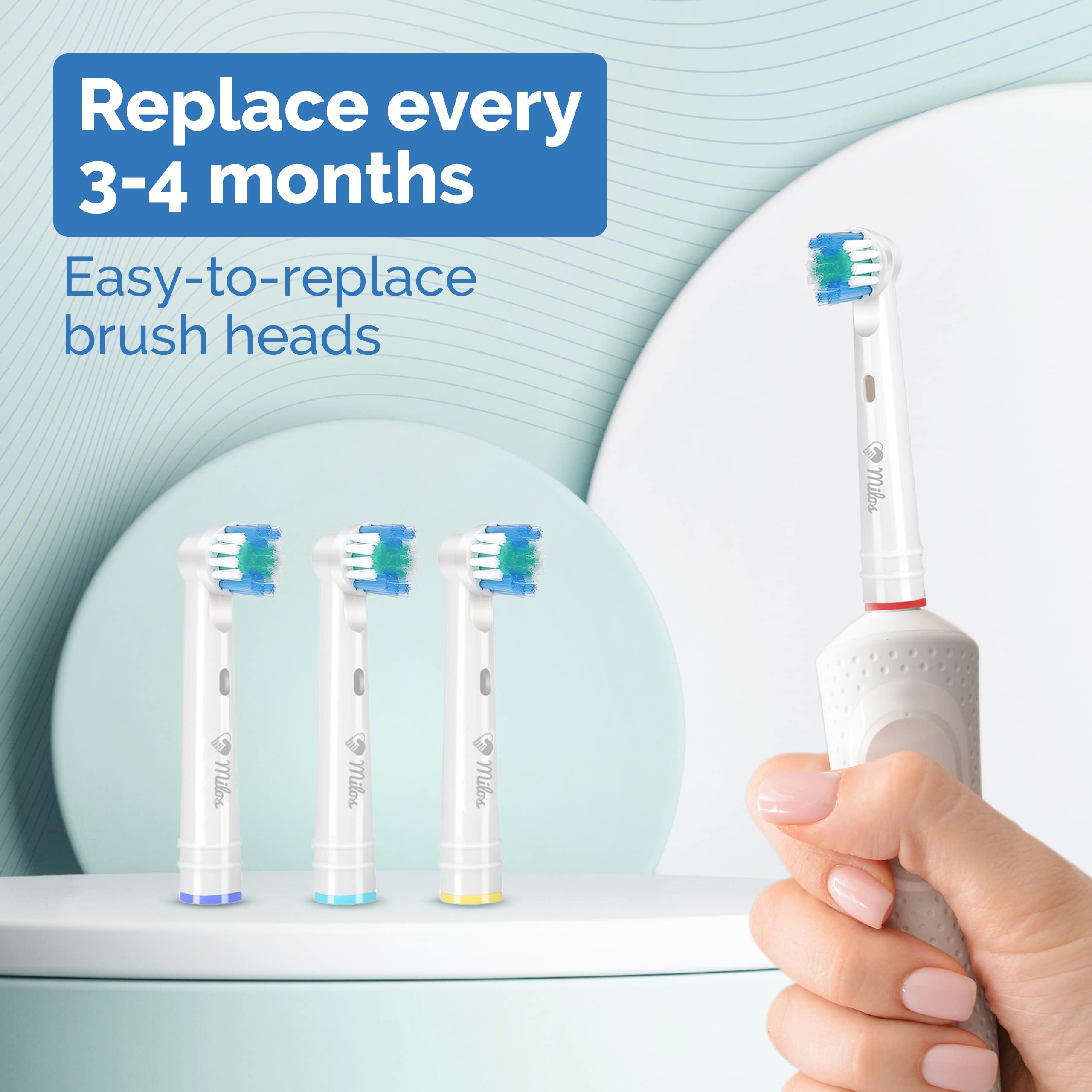 Milos replacement toothbrush heads for Oral-B, 16-pack, compatible electric toothbrush heads with soft bristles and ergonomic design.