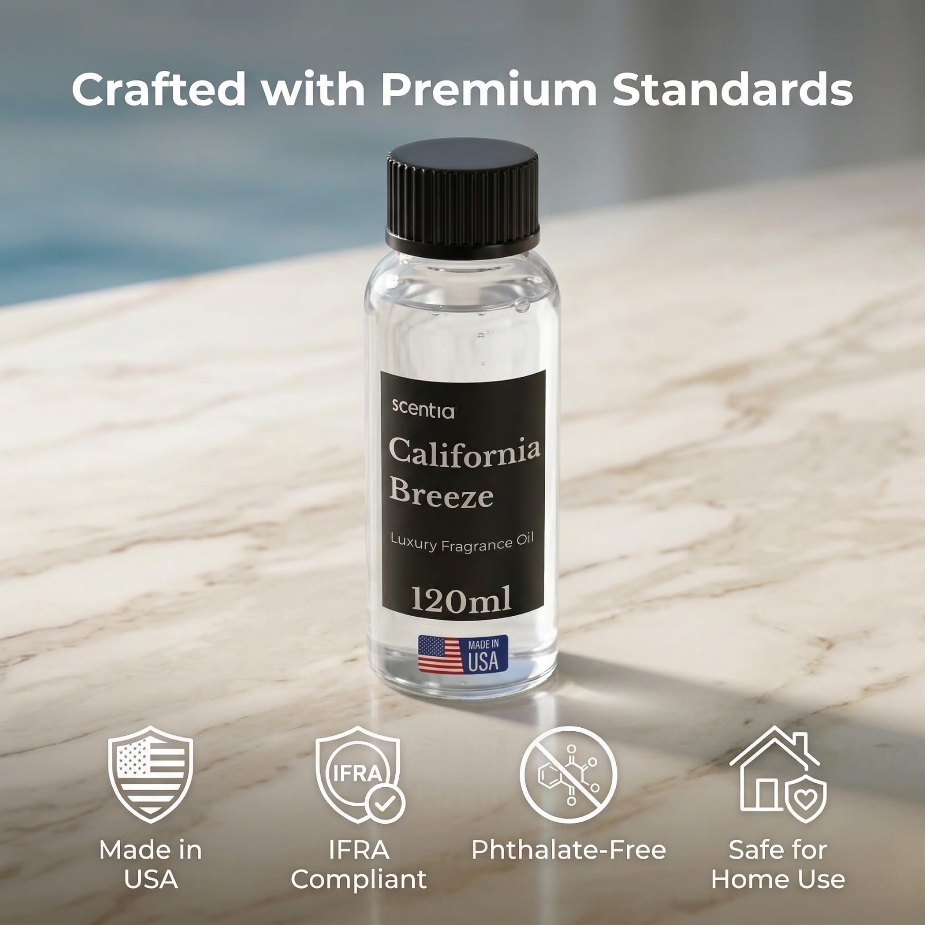 Scentia California Breeze diffuser oil 120ml bottle with clear liquid, used for aromatic essential oil diffuser.