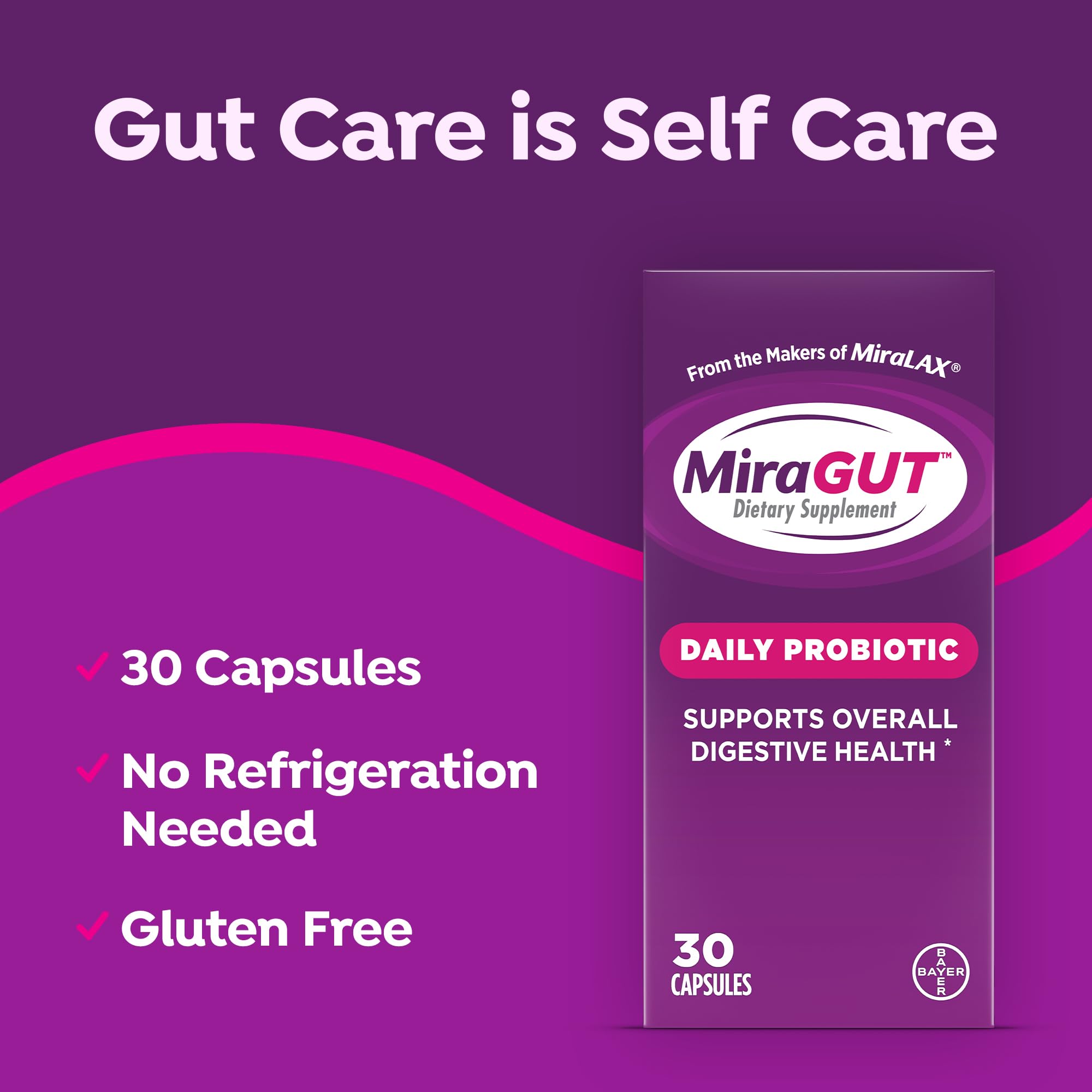 MiraGUT Daily Probiotic, from the Makers of MiraLAX, Probiotics for Digestive Health, Gluten-Free Supplement, Probiotic for Women and Men, Support Overall Digestive Health, 30 Ct