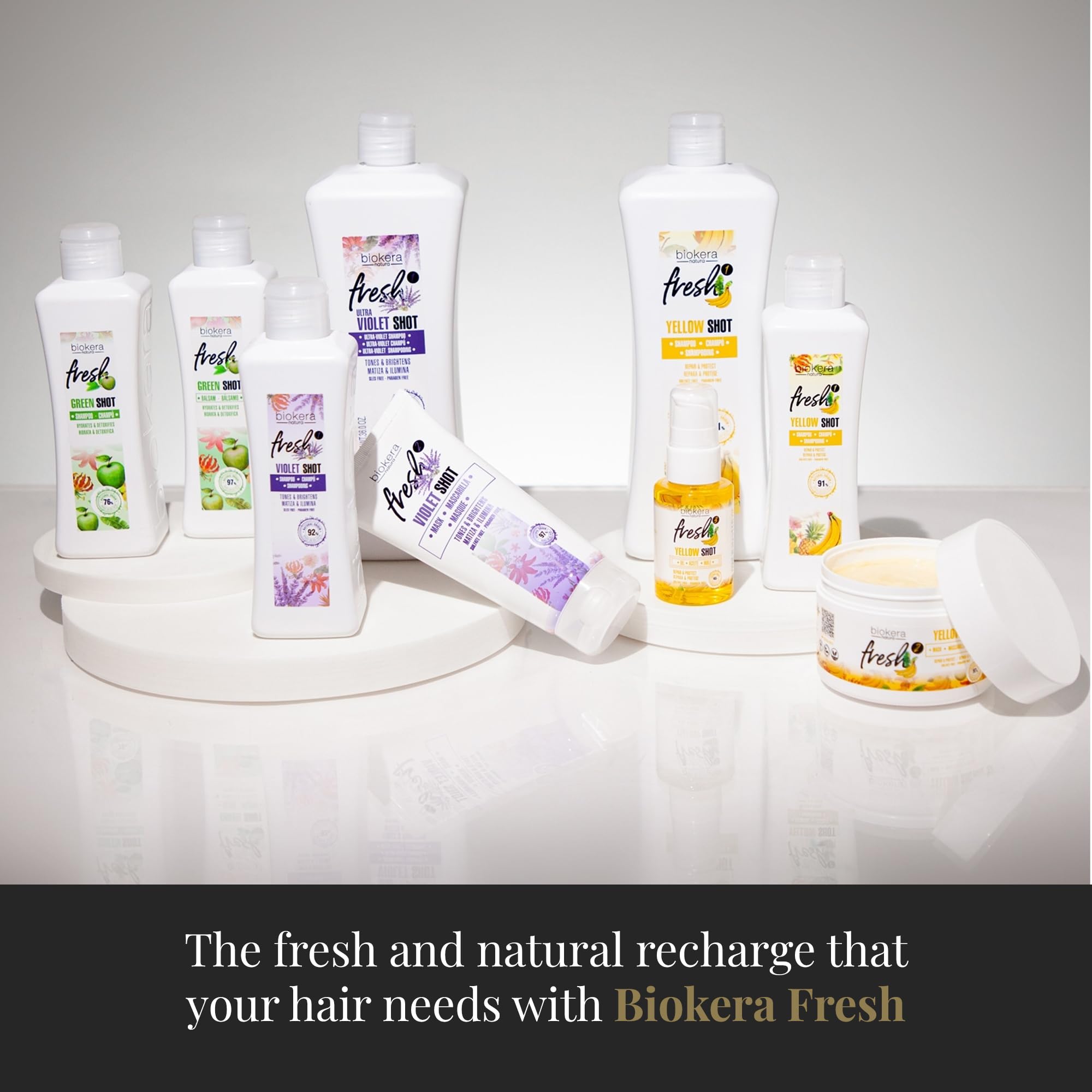 Salerm Biokera Fresh Yellow Shot hair mask in a 250ml jar, showing the bright yellow conditioner with a smooth texture.