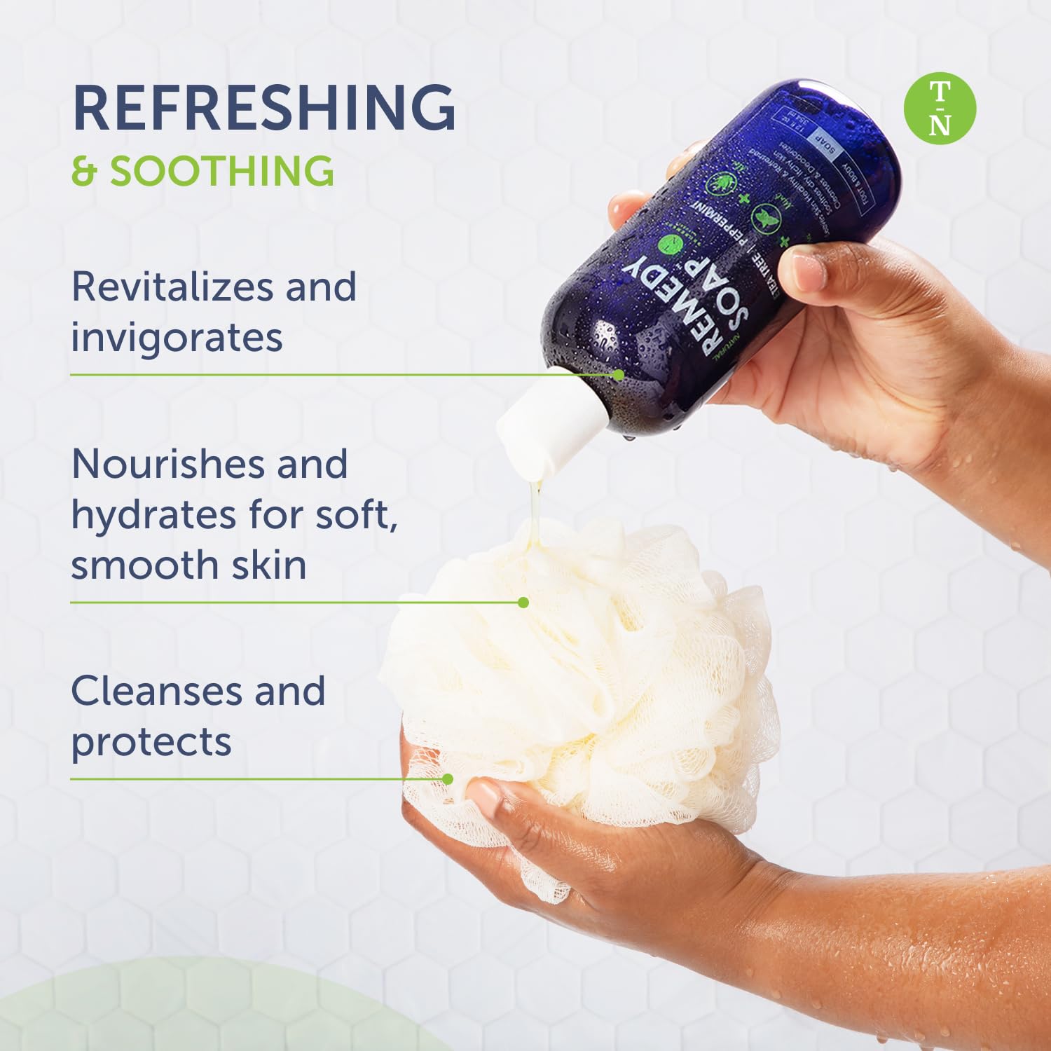 Truremedy Naturals Tea Tree and Peppermint Body Wash in 12oz bottle, skin cleaning agent with refreshing herbal scent