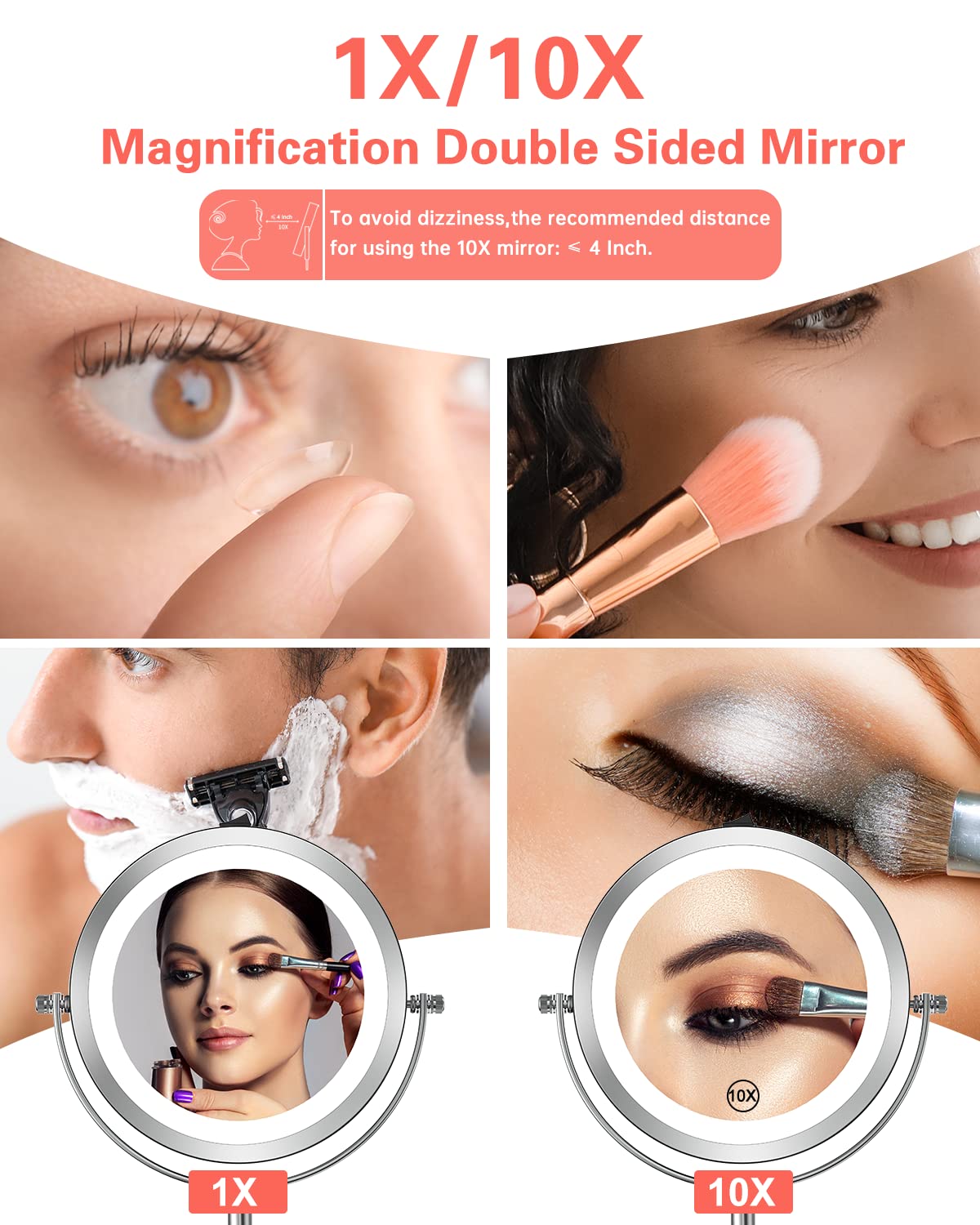 Benbilry 10X Magnifying LED Makeup Mirror, 7" Double Sided Standing Mirror for Desk – packaging and label