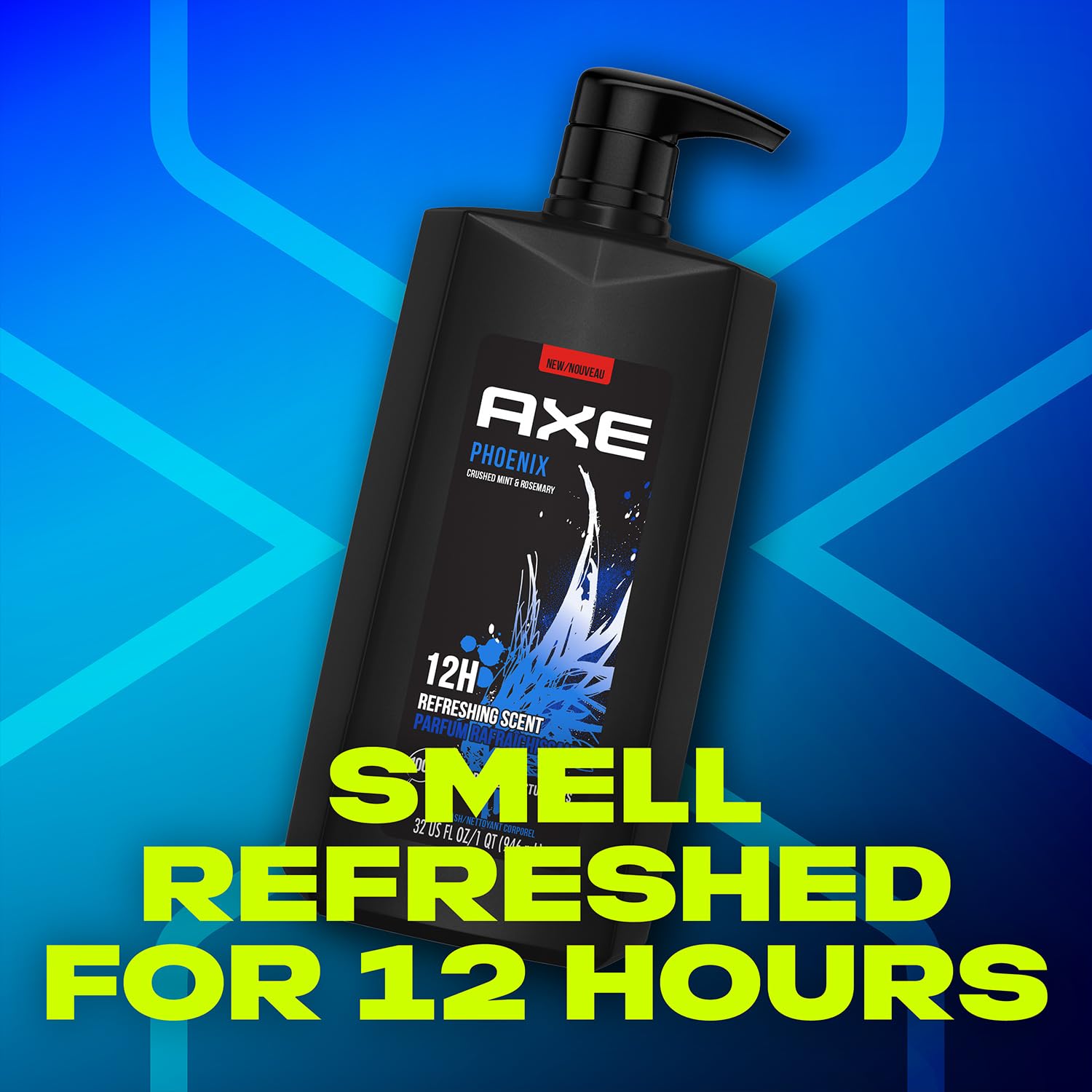 AXE men's body wash and shower gel, Phoenix scent, 3-pack with crushed mint and rosemary, 32 fl oz bottles, invigorating fragrance