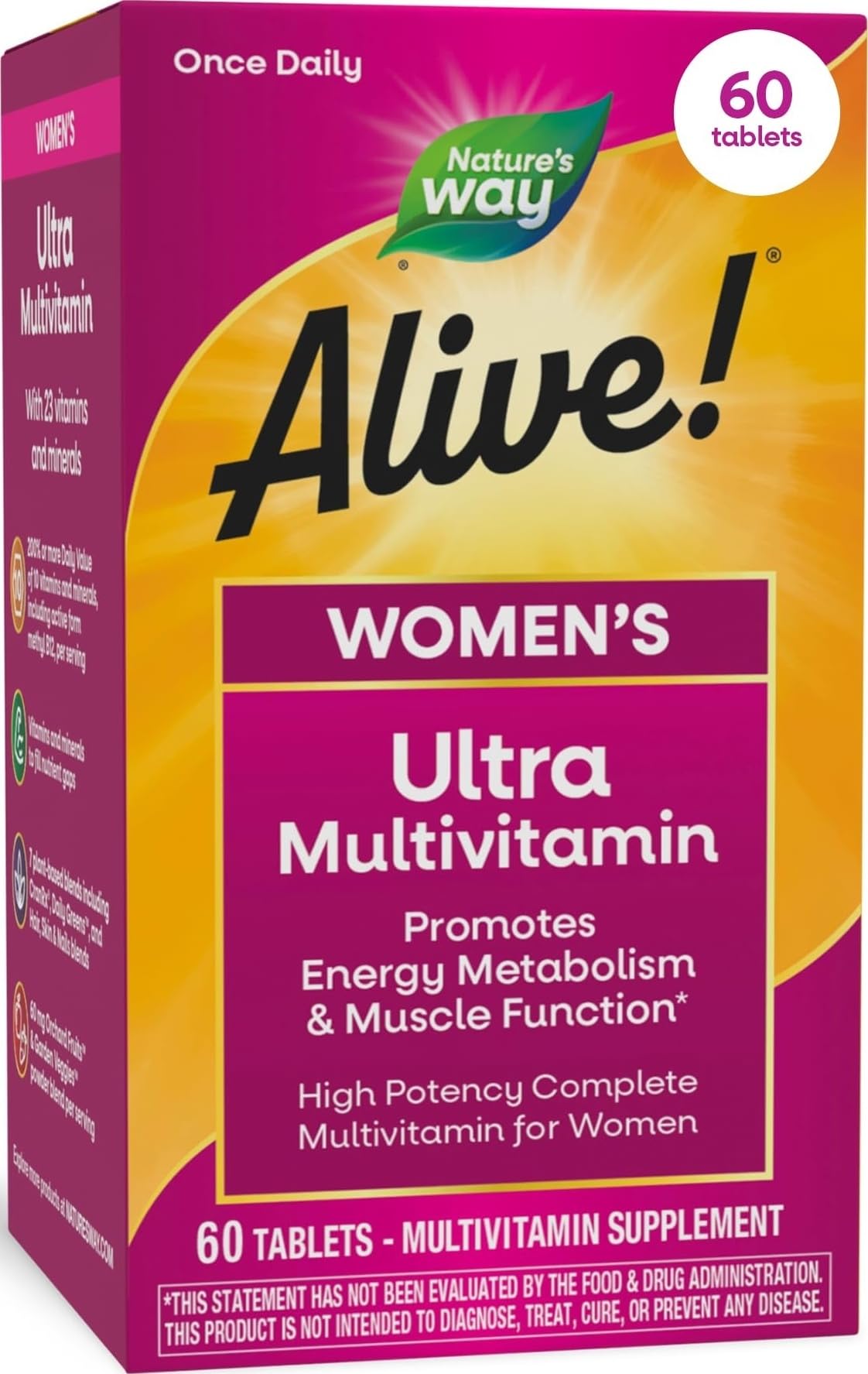 Nature's Way Alive! Women's Ultra Multivitamin bottle with 60 capsules, high potency vitamin supplement for women's health.
