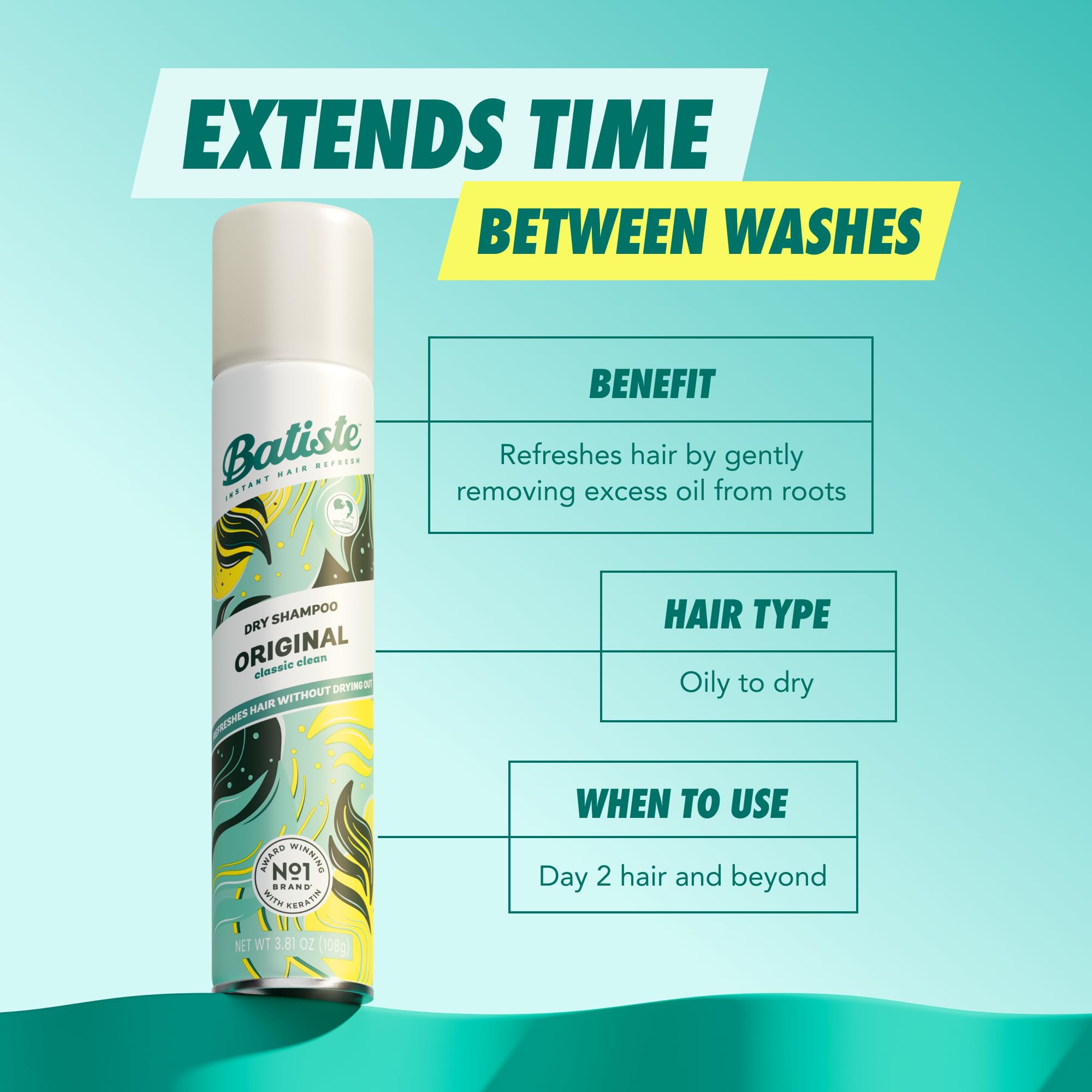 Batiste Original Dry Shampoo in 3.81oz bottles, waterless formula, shown in a pack of three, for fresh hair without water.