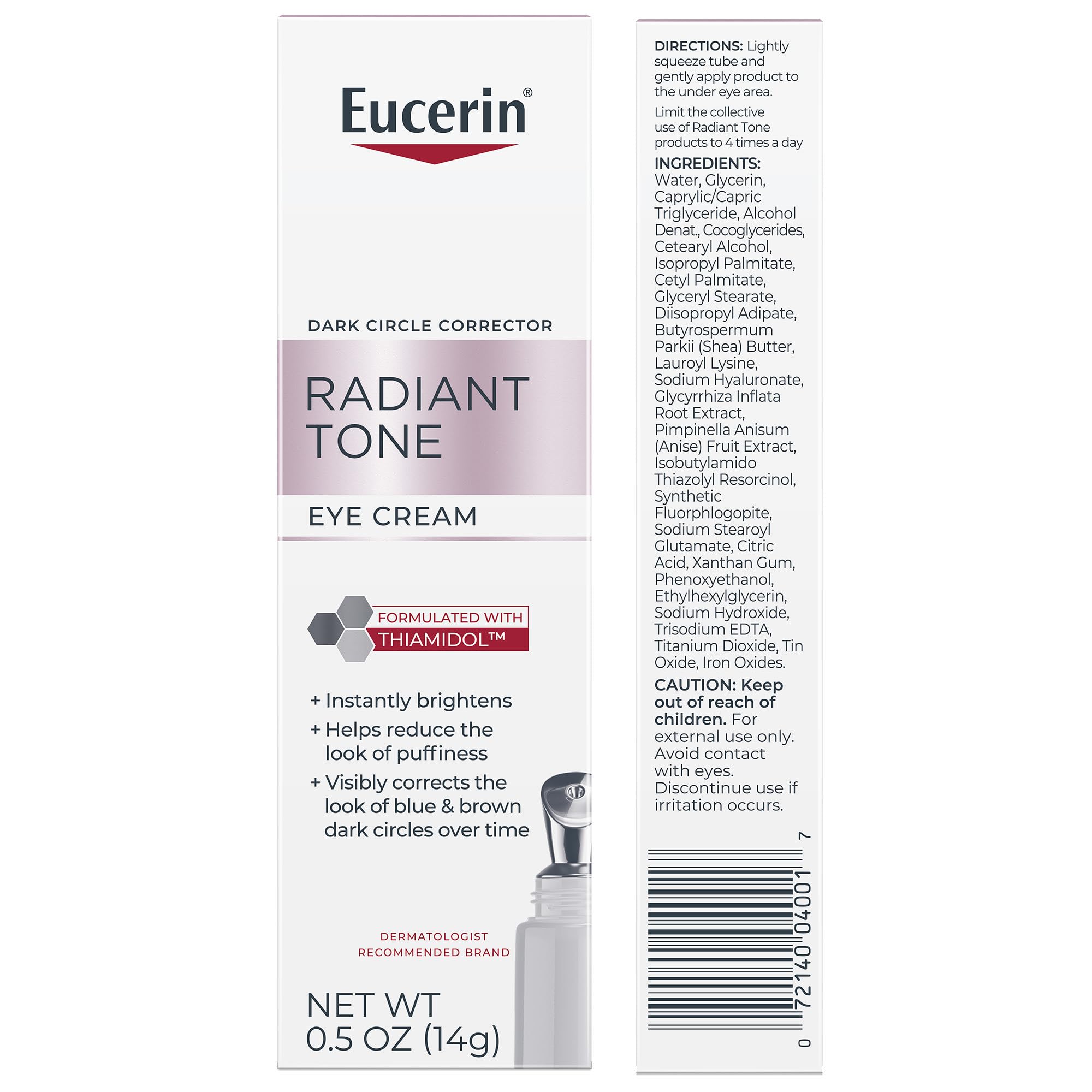 Eucerin Radiant Tone Eye Cream with hyaluronic acid and Thiamidol in a 0.5 oz tube, designed to brighten eyes and reduce puffiness.