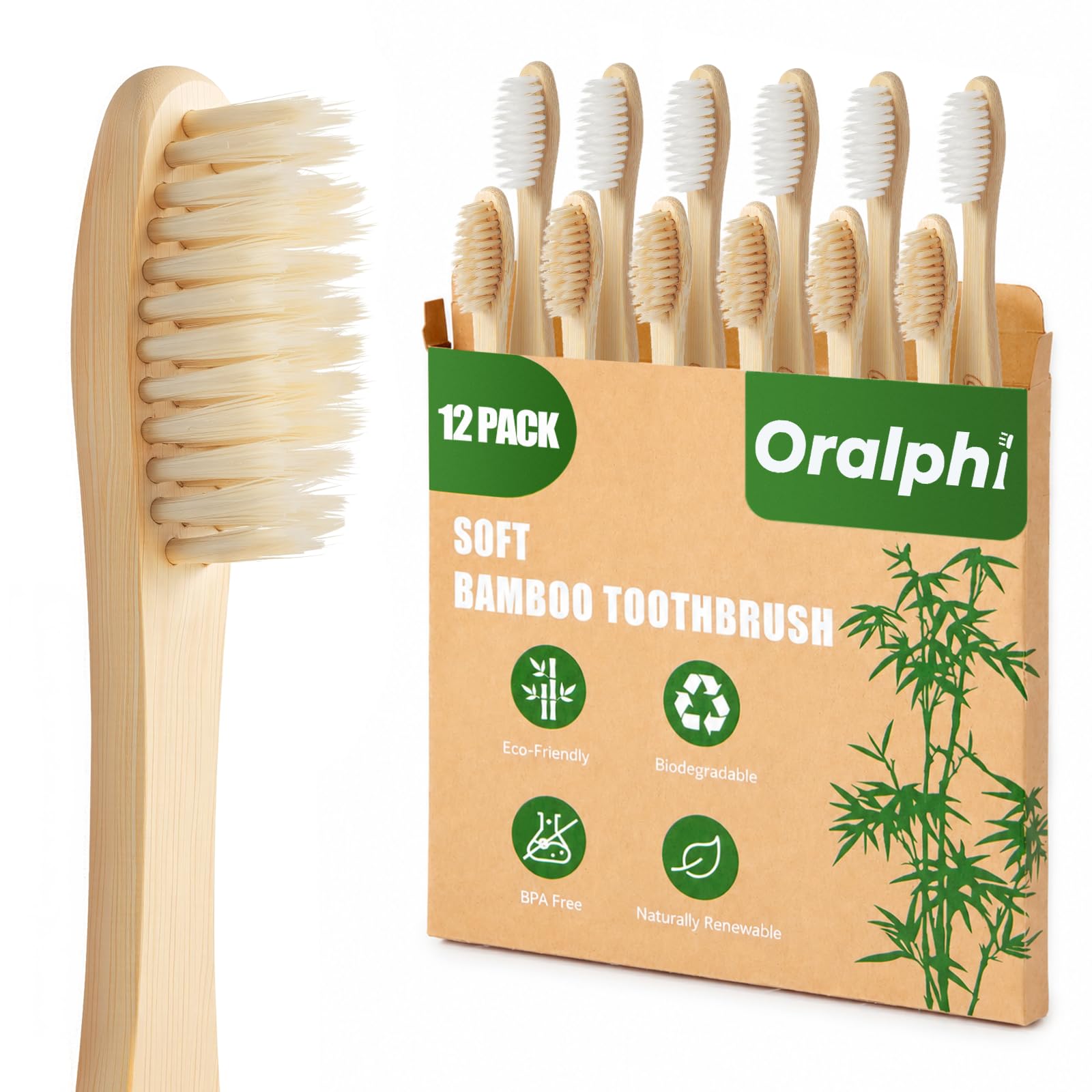 Bamboo Toothbrushes 12 Pack, Soft Bristle Toothbrush for Adults - Product Imagery