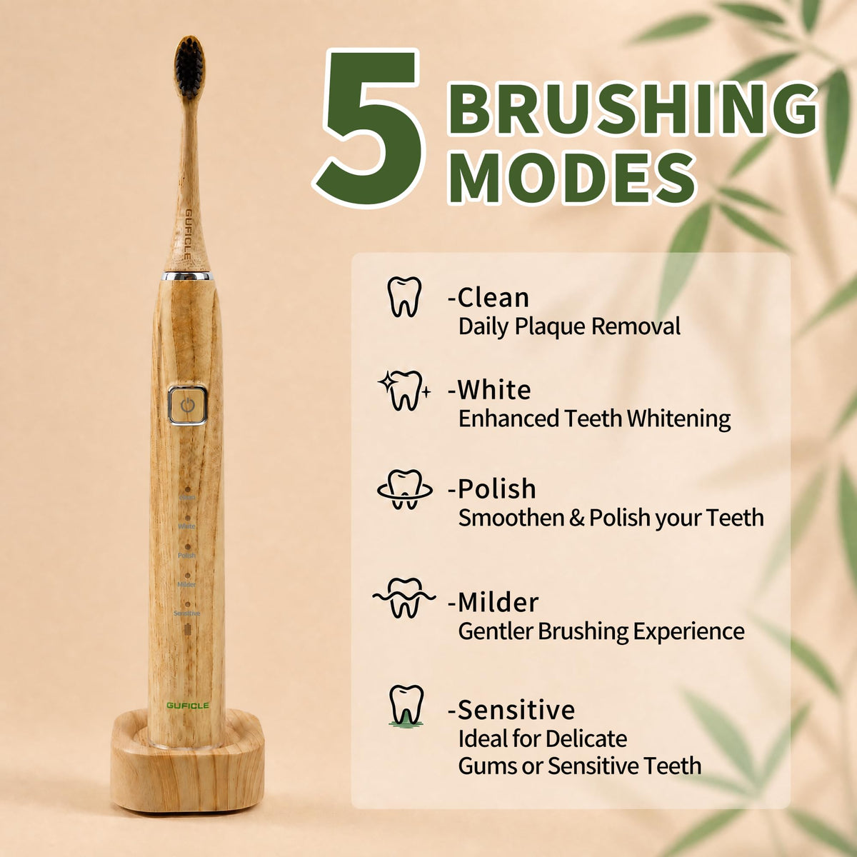 Sonic Electric Toothbrush with Bamboo Heads Charcoal Infused - GUFICLE Official Imagery - 5