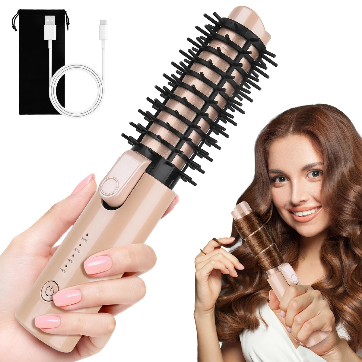 Vizbrite Cordless Curling Iron Brush, Rechargeable Hair Curler Brush for Travel – Pink, Plastic