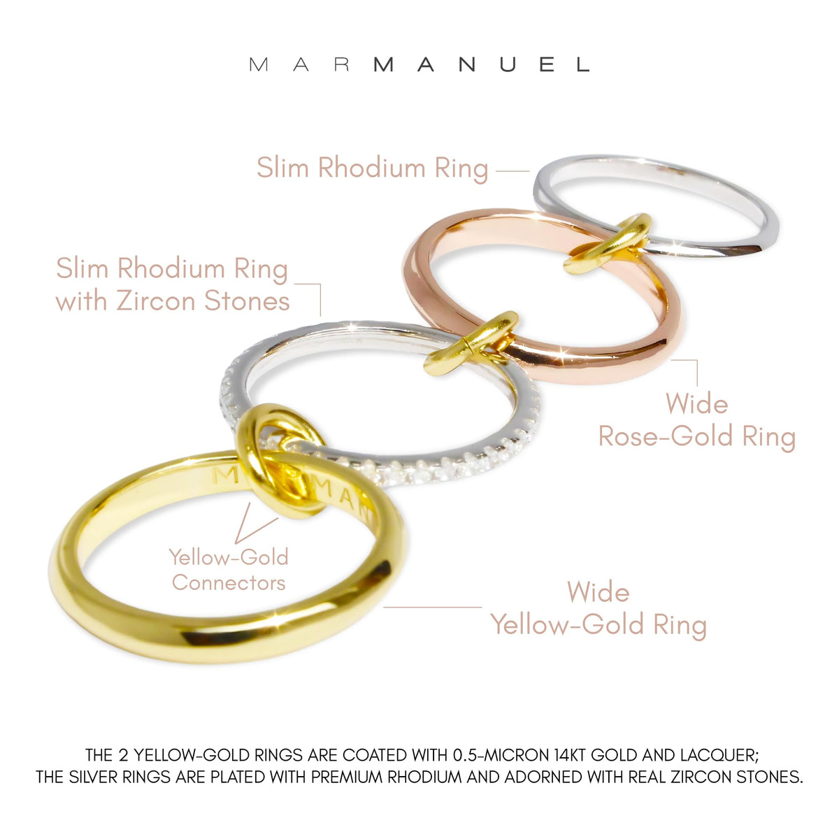 MAR MANUEL - Stackable Rings for Women Made of Durable 14kt 0.5 Micron Gold & Silver-Plated Brass with Zircon Stones, El