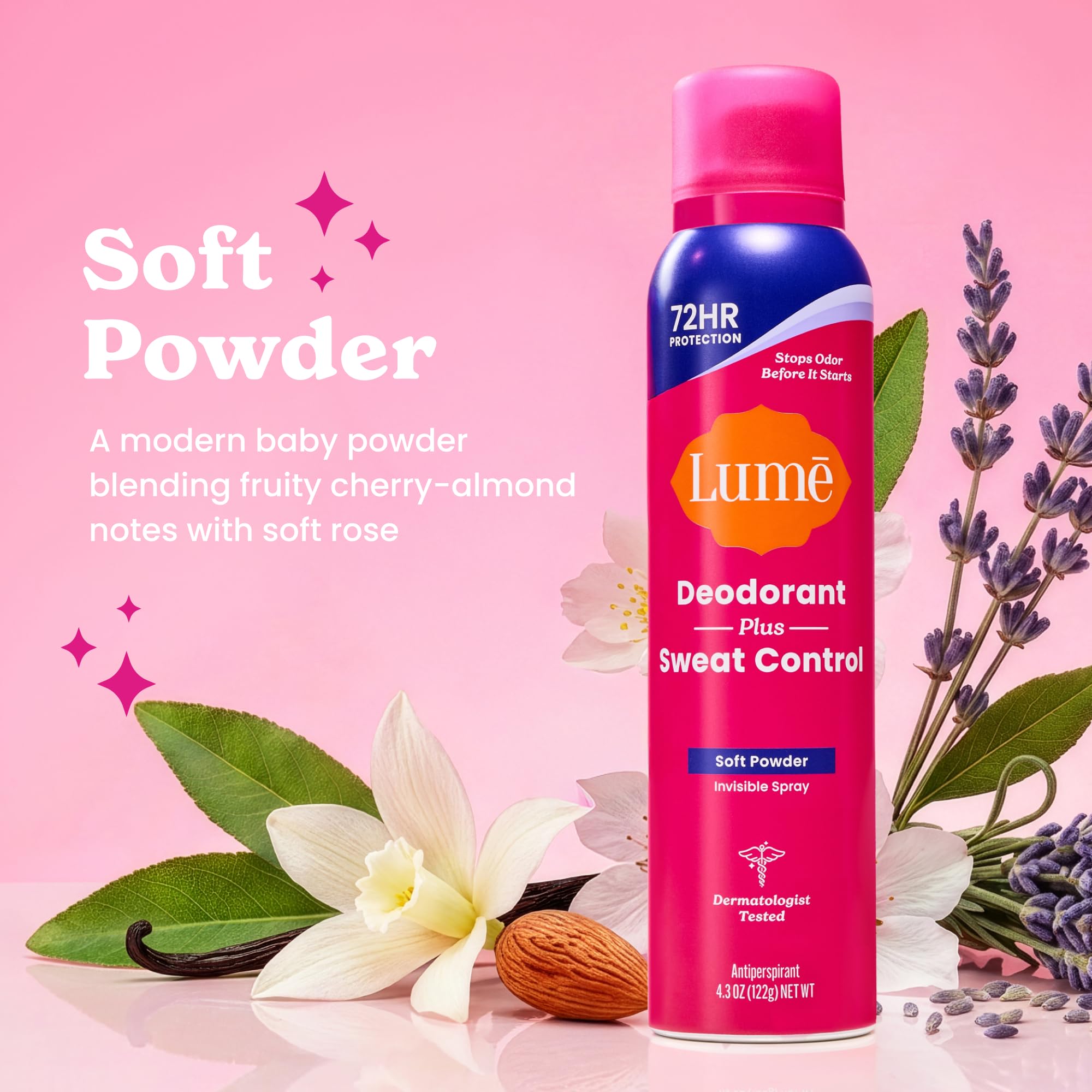 Lume Sweat Control Deodorant Spray 2-pack in soft powder scent, natural body deodorant for odor and sweat protection.