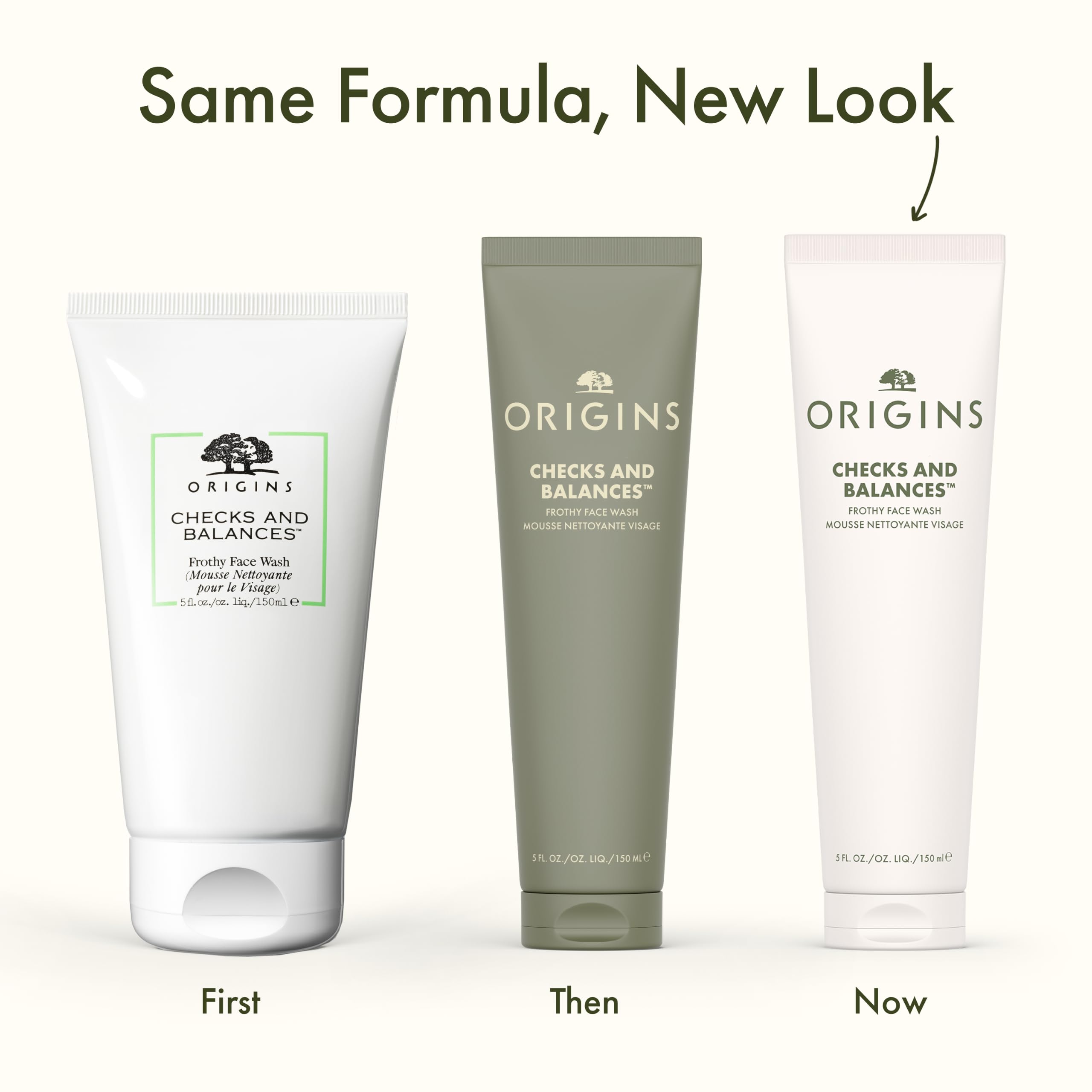 Origins Checks & Balances frothy face wash in a 5 fl oz bottle, showing the clear liquid and label on the skincare product.