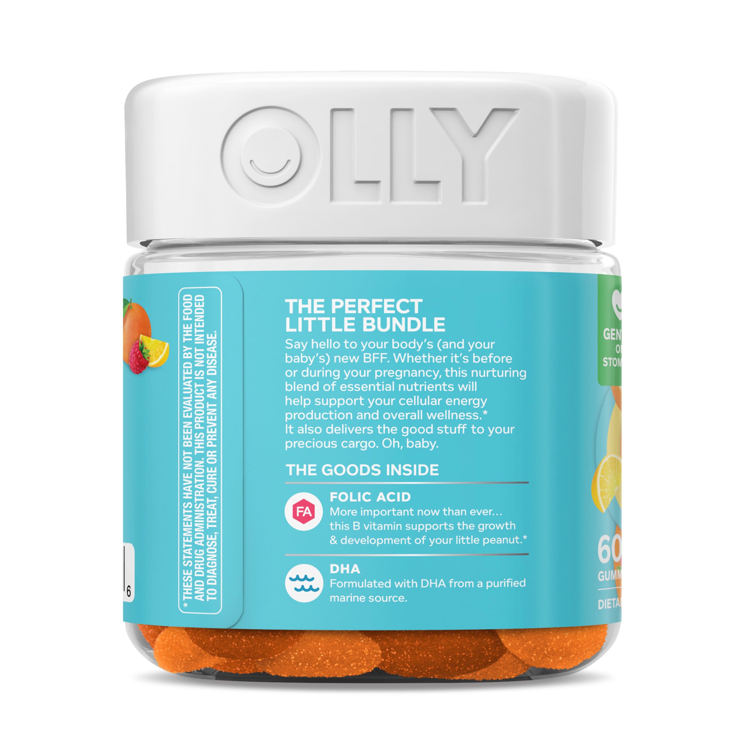 OLLY Prenatal Multivitamin Gummy bottle showing 60 gummies for mommy and baby, nutritional supplement for pregnancy health