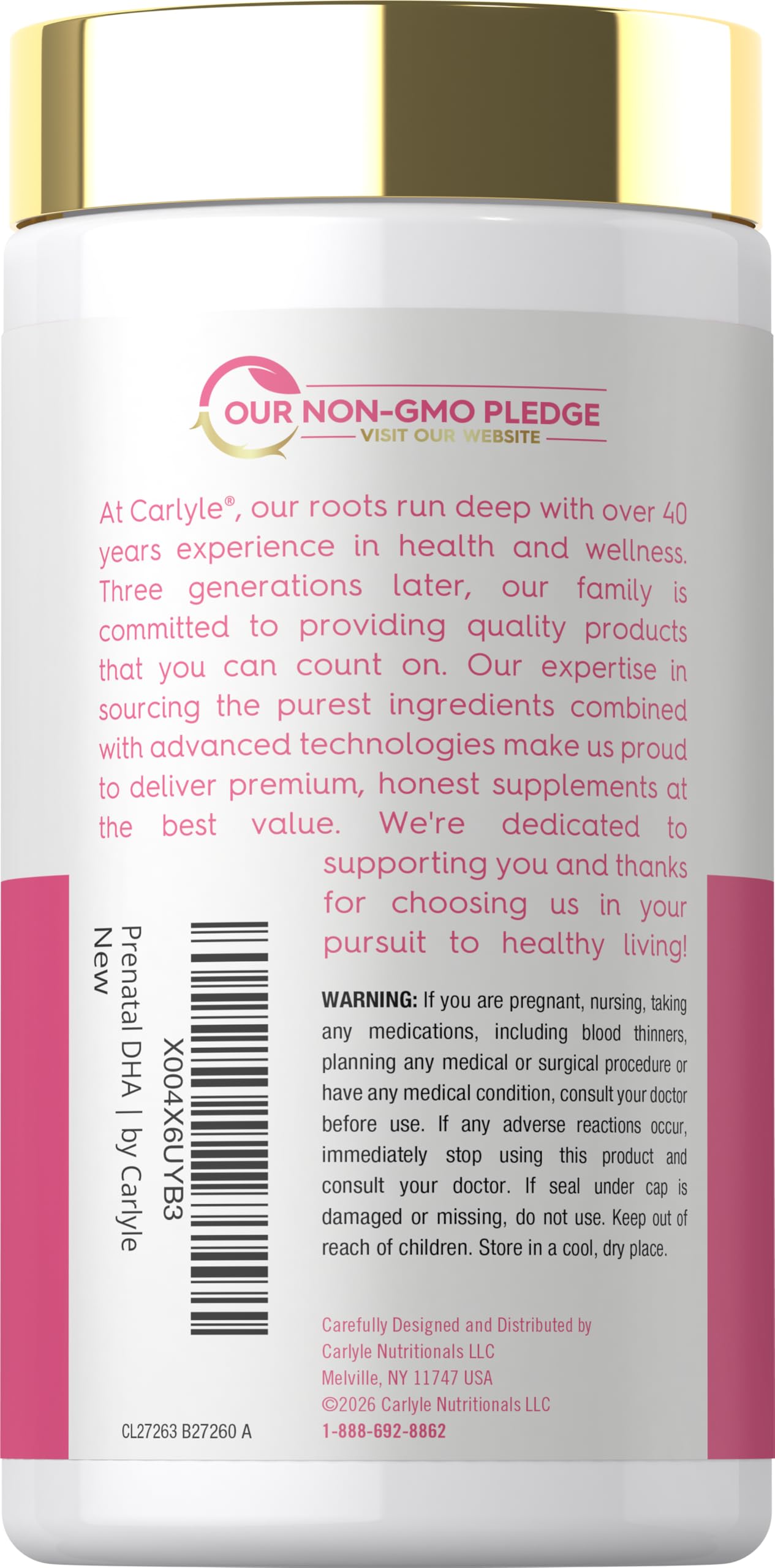Carlyle Prenatal DHA Vitamin softgels in a bottle, supplement for pregnancy with 180 softgels, nutritional support for mom and baby