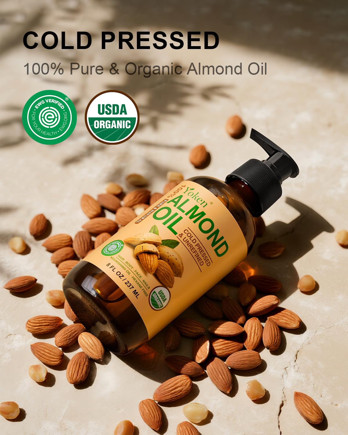 Yoken Organic Almond Oil 8 oz Glass Bottle, Cold Pressed for Skin & Hair