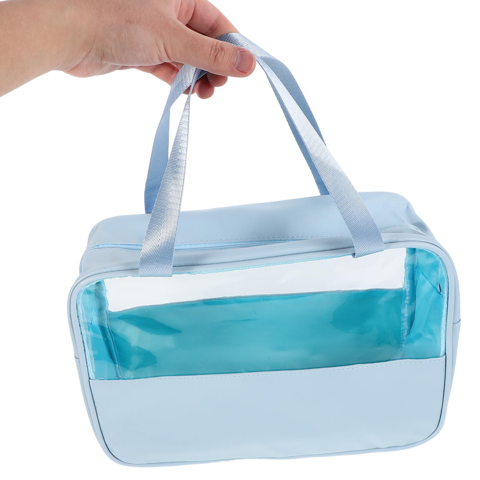 Large waterproof NULYLU cosmetic case with handle, blue travel toiletry organizer pouch for women’s makeup and daily use.