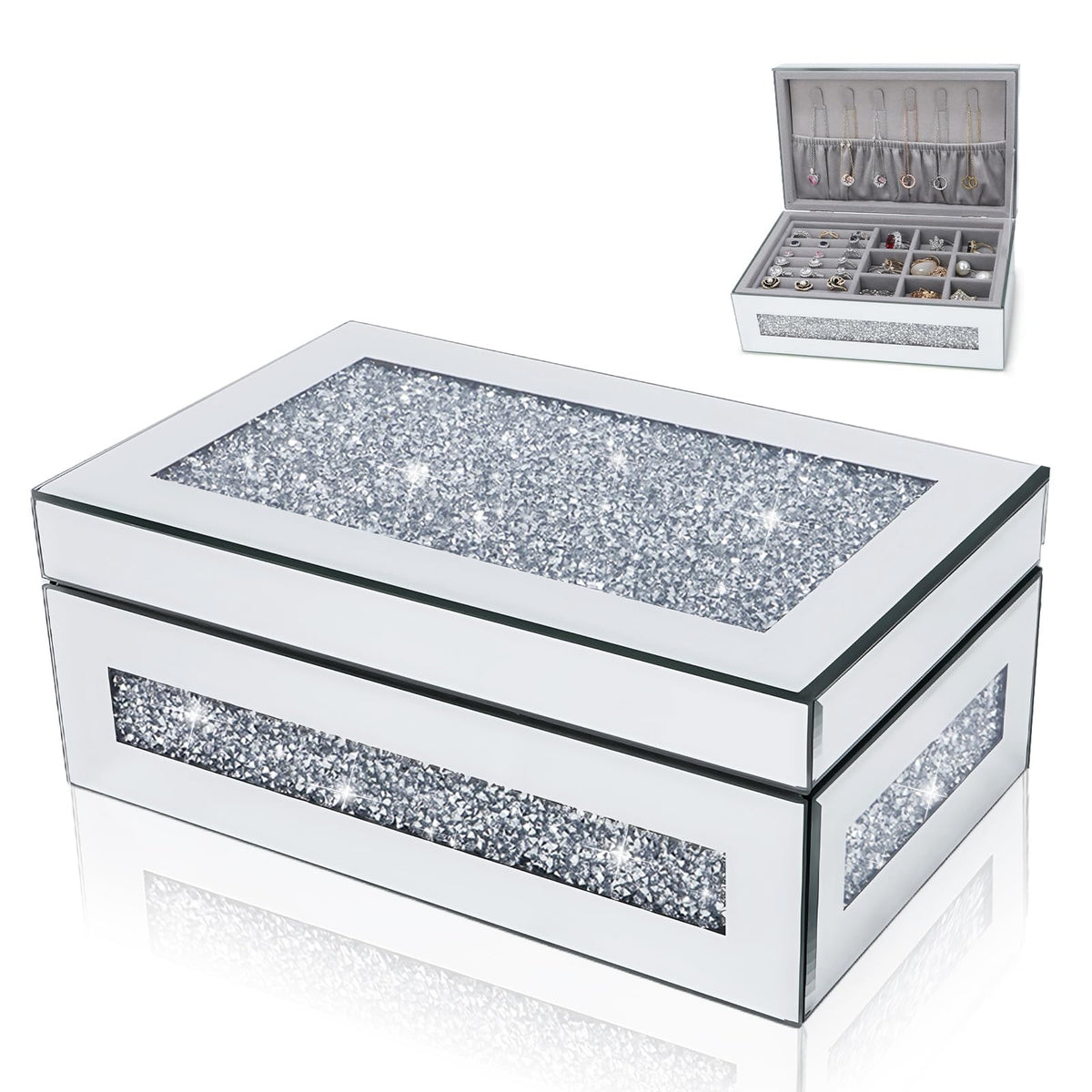 Poeuai Crushed Diamond Mirrored Jewelry Organizer Box with Lid for Women – product photo (Jewelry Boxes)