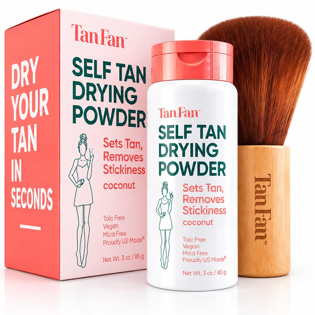 Tan Fan Self Tan Drying Powder Kit 3oz - Stop Sticky Feel After Tanning - Inc XL Soft Body Brush - For Spray, Fake, Grad