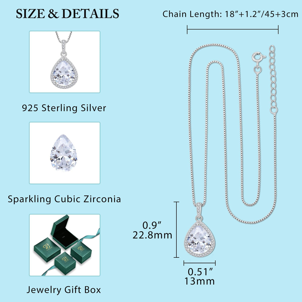 FJ Teardrop Pendant Necklace 925 Sterling Silver Birthstone Jewelry – back view and specifications