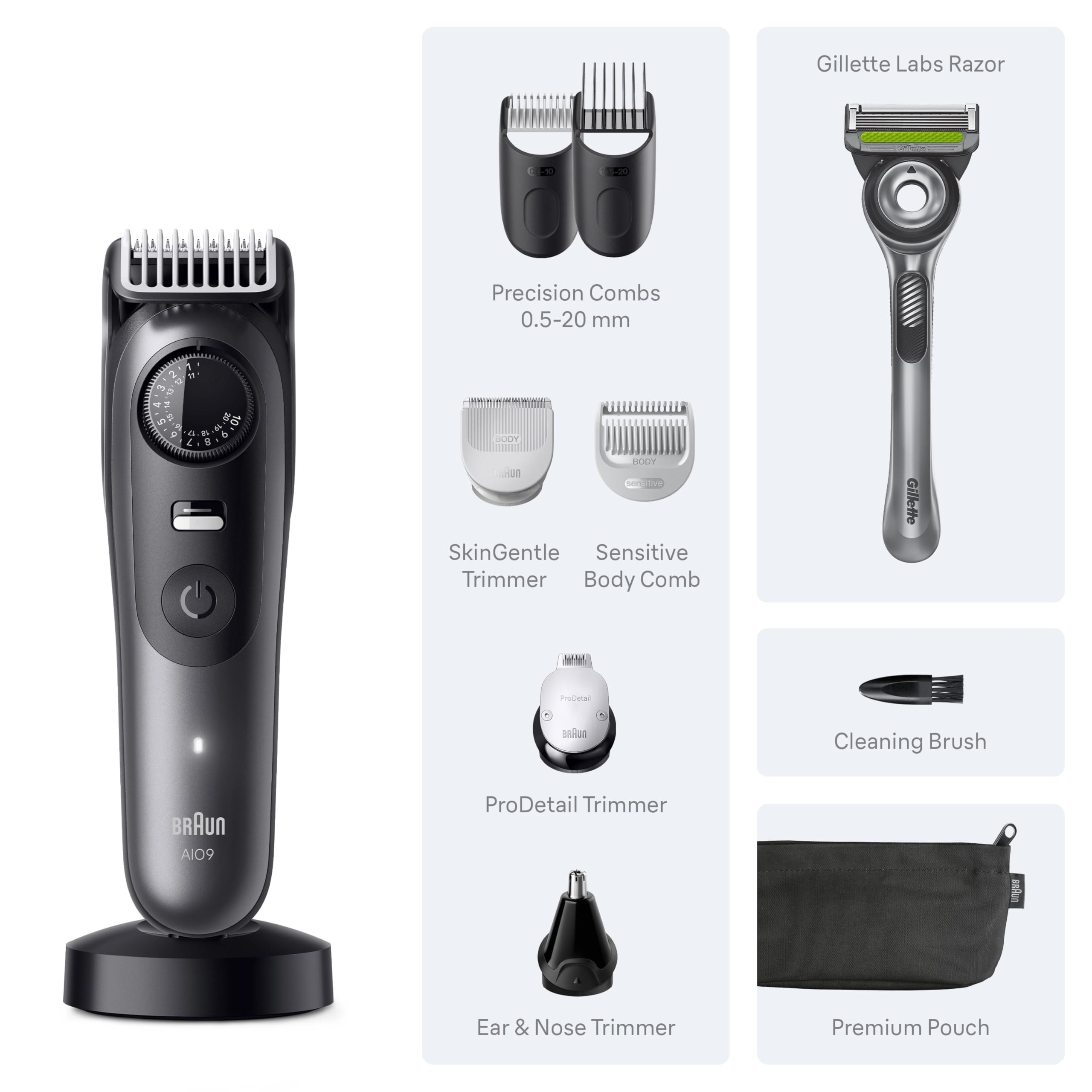 Braun Series 9 men's electric beard trimmer, hair clipper, shaver, and razor with Gillette Labs, cordless, versatile grooming tool.