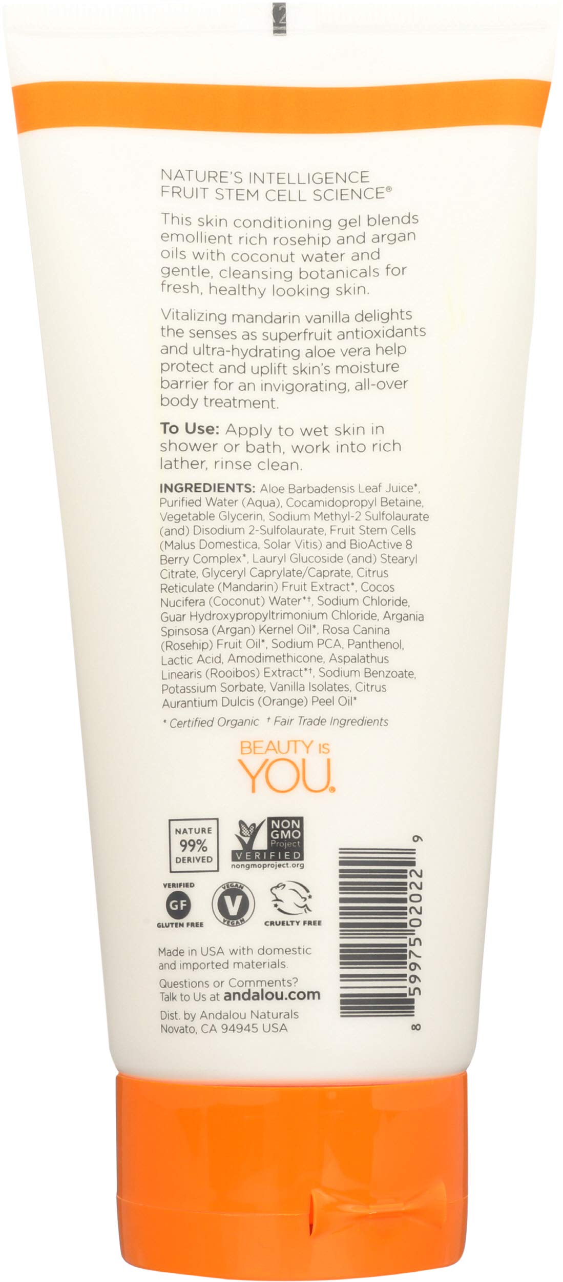 Andalou Naturals Mandarin Vanilla shower gel in 8.5 oz bottle, displaying the product label and packaging.