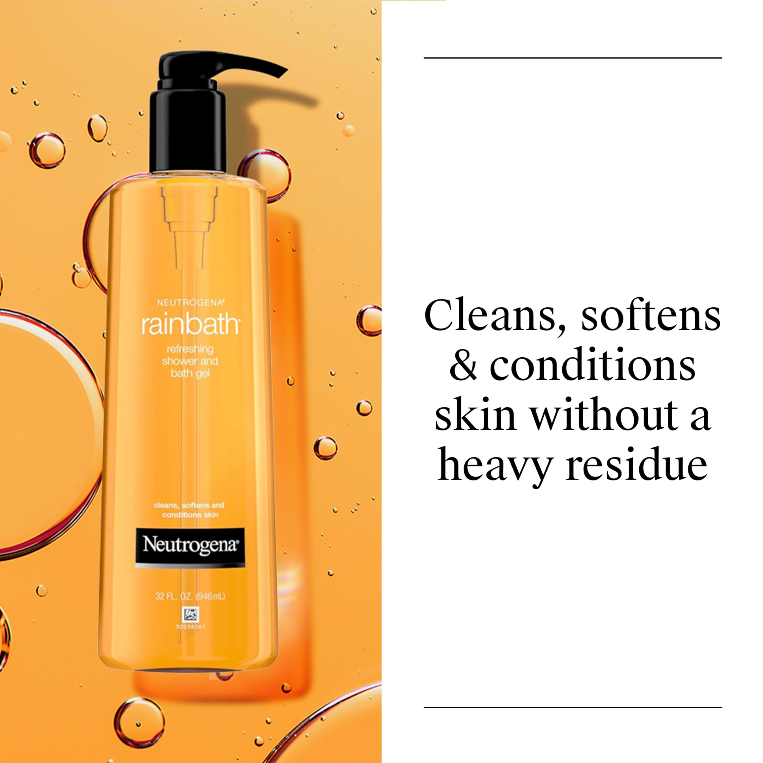 Neutrogena Rainbath Shower Gel and Body Wash in a 32 oz bottle, featuring clear liquid and pump dispenser for skin cleaning.