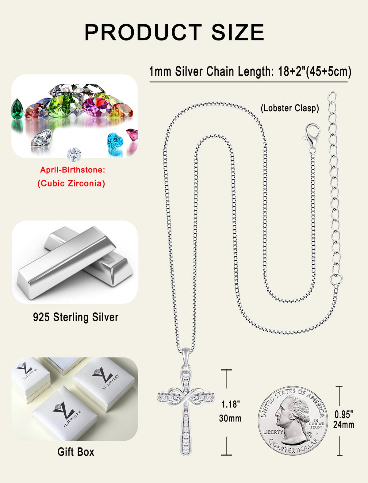 YL 925 Sterling Silver Cross Necklace for Women Halo Infinity Pendant Cubic Zirconia Jewelry for Mom – alternate angle