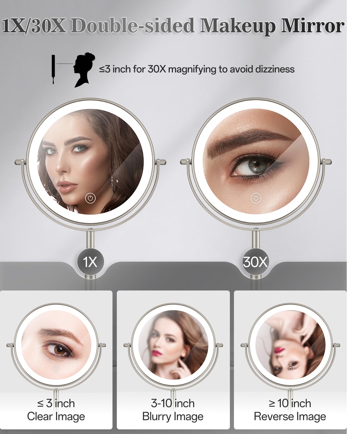 vpu 8" Lighted Makeup Mirror with Light,30X Magnifying Height Adjustable Mirror – close-up detail in Brushed Nickel