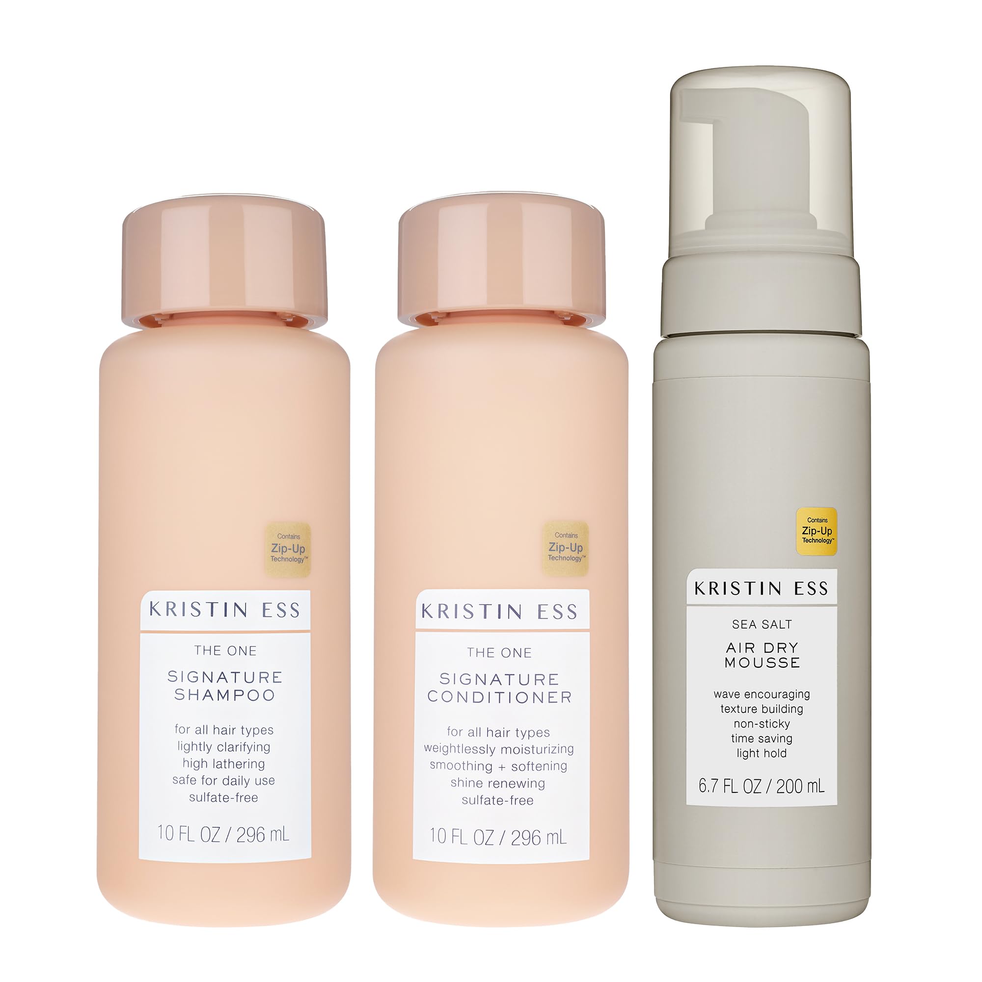 Kristin Ess The One Signature Set with sulfate-free clarifying shampoo, hydrating conditioner, sea salt spray, and volumizing mousse for wavy hair